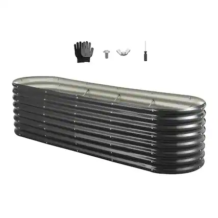 Front. VEVOR - Metal Raised Garden Bed, 8 x 2 x 2 ft Oval Outdoor Galvanized Planter Garden Box, Open Bottom Design - Dark Gray.