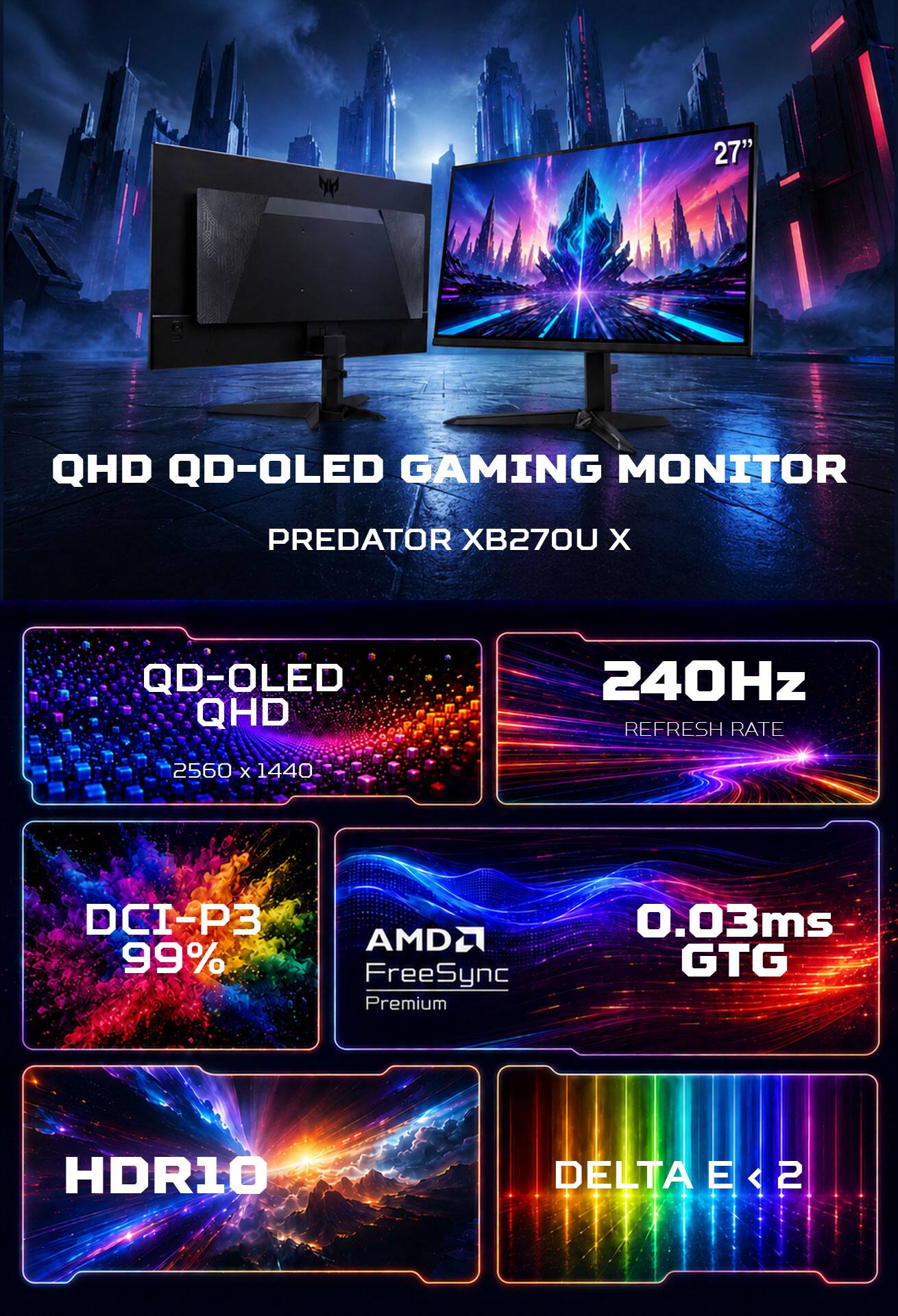 27"  
QHD QD-OLED GAMING MONITOR  
PREDATOR XB270U X  
QD-OLED QHD  
240Hz REFRESH RATE  
2560 X 1440  
DCI-P3 99%  
AMD FreeSync Premium  
0.03ms GTG  
HDR10  
DELTA E < 2