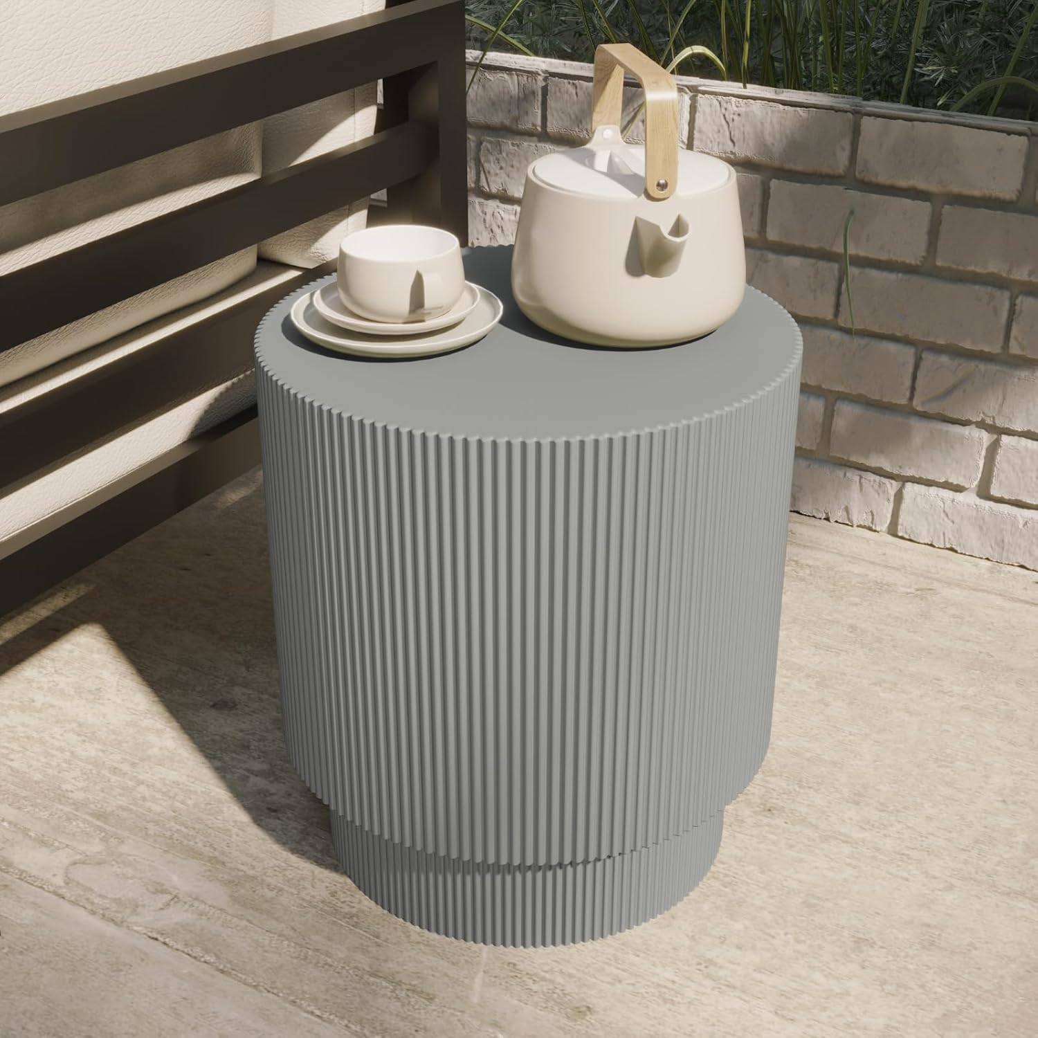 Left. LeisureMod - Eden Modern Stone Top Round Side Table, Indoor/Outdoor Weather Resistant Accent Table, Fully Assembled - Light Grey.