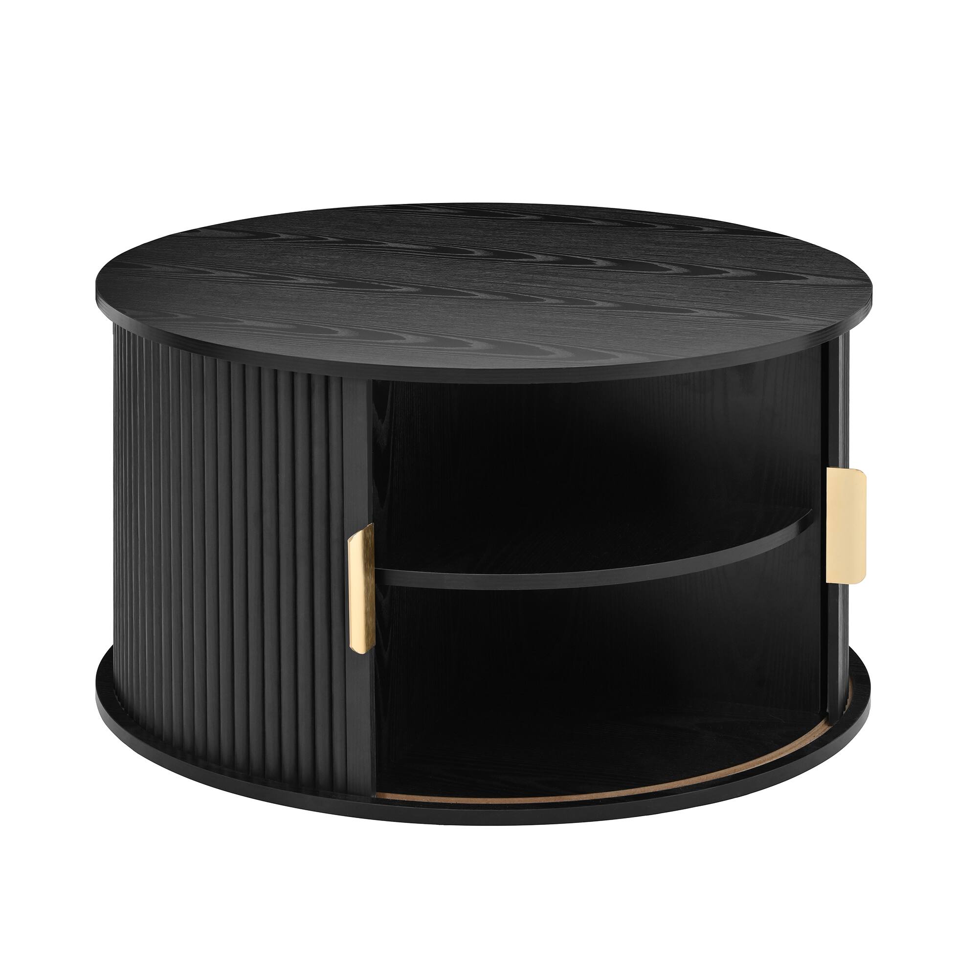 Alt View 8. Tiramisubest - Mid-Century Coffee & Side Table Set of 2 with Tambour Door,Fluted Design,Golden Handle Tall & Low Side Table,Black - Black.