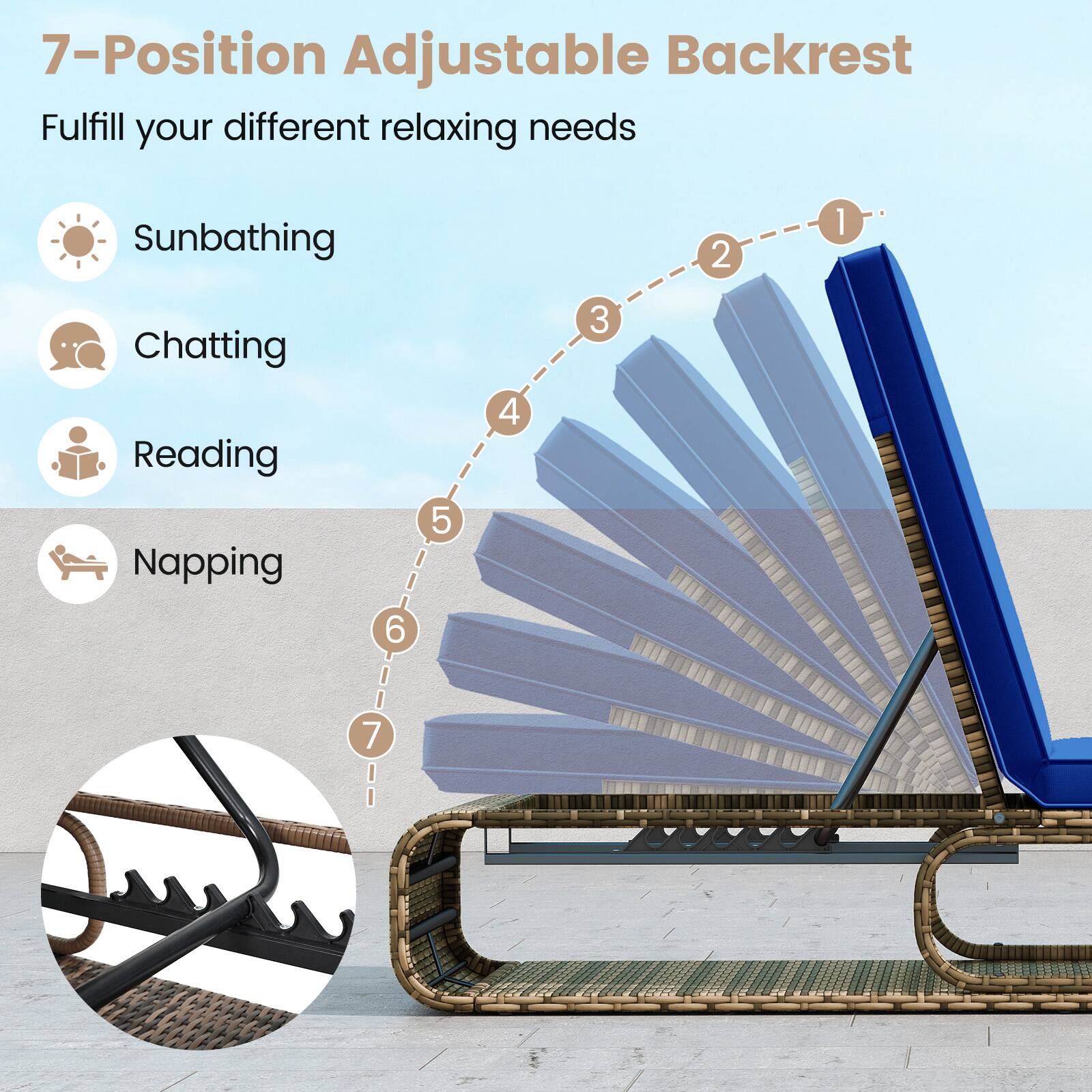 7-Position Adjustable Backrest  
Fulfill your different relaxing needs  
Sunbathing  
Chatting  
Reading  
Napping
