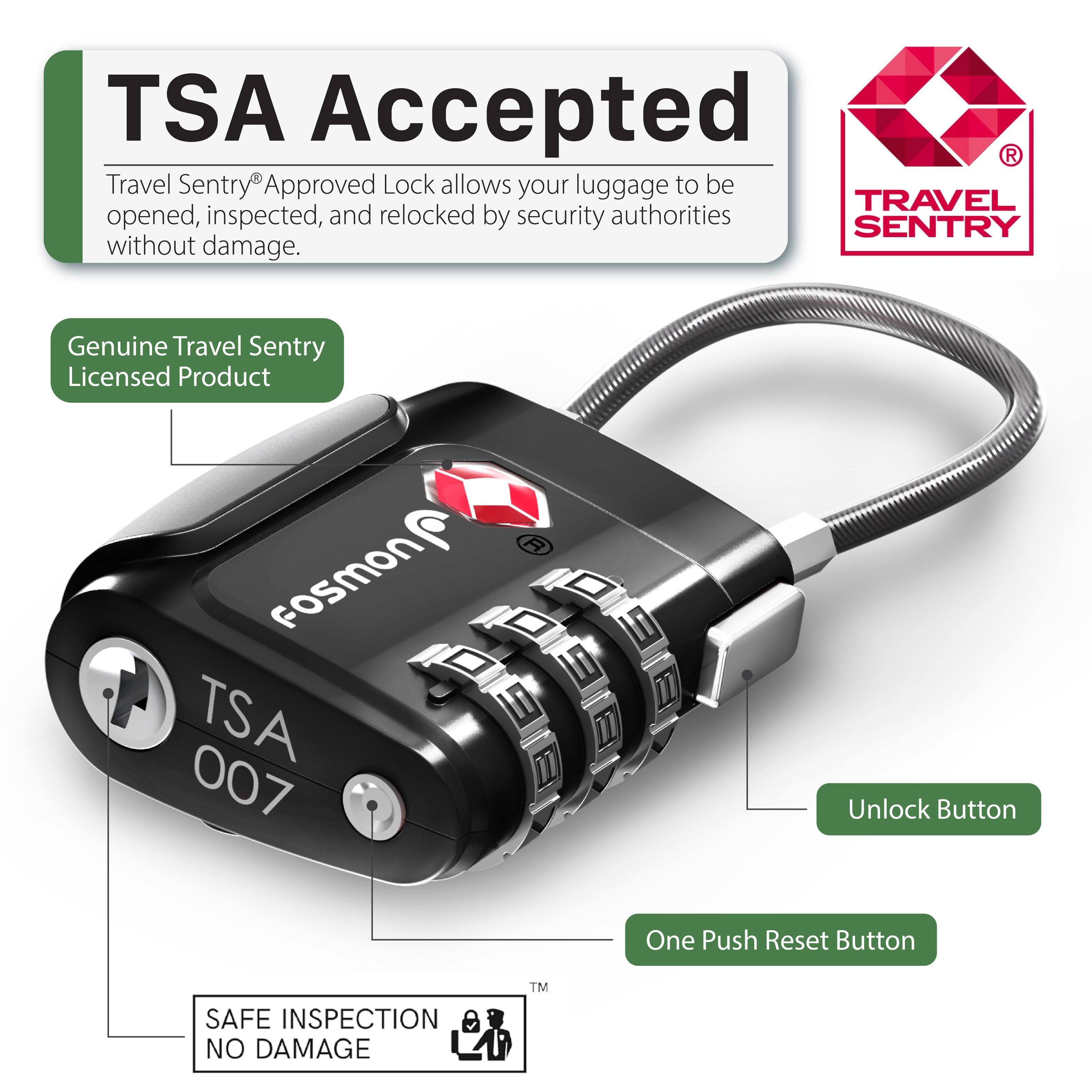 TSA Accepted
Travel Sentry Approved Lock allows your luggage to be opened, inspected, and relocked by security authorities without damage.
Genuine Travel Sentry Licensed Product
FosmON TSA 007
Unlock Button
One Push Reset Button
SAFE INSPECTION NO DAMAGE
