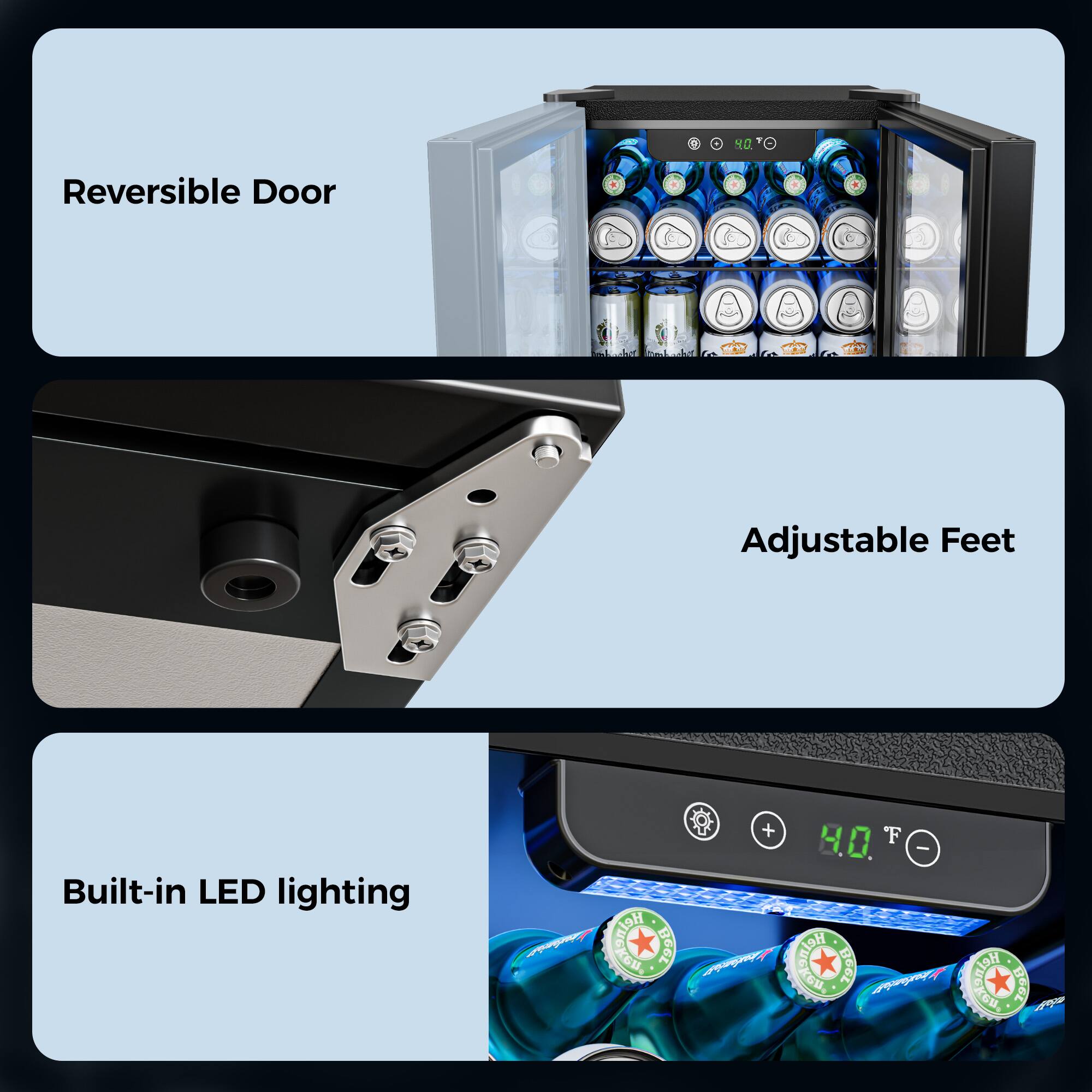 1. Reversible Door
2. Adjustable Feet
3. Built-in LED lighting

A BOSt H.0. F - M 298 stntamin HI fleat Ae