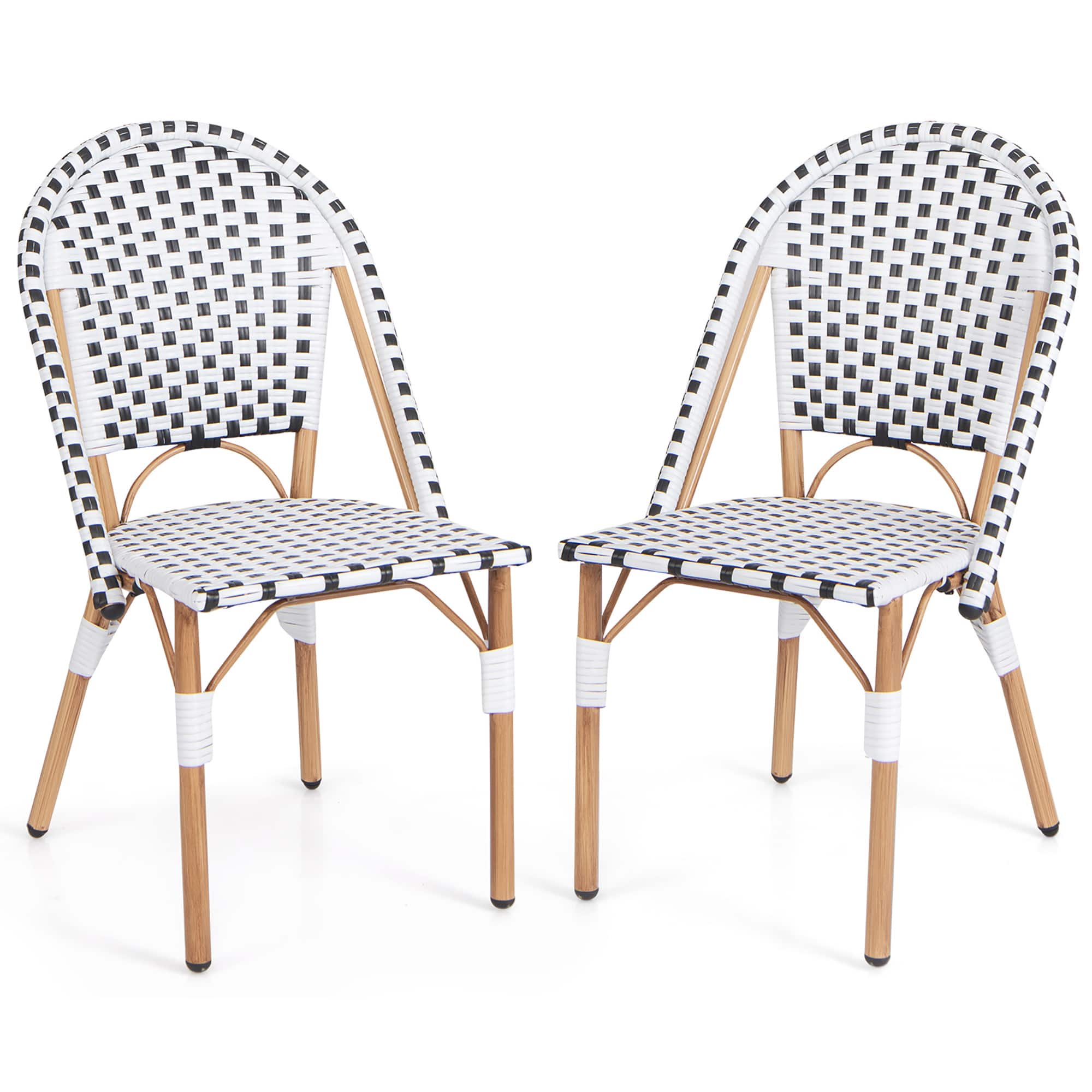 Gymax - French Bistro Chair Set of 2 w/ Hand-woven Rattan Galvanized Metal Frame Outdoor - White, Black, Natural