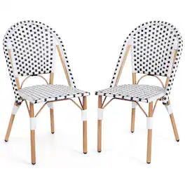 Gymax - French Bistro Chair Set of 2 w/ Hand-woven Rattan Galvanized Metal Frame Outdoor - White, Black, Natural