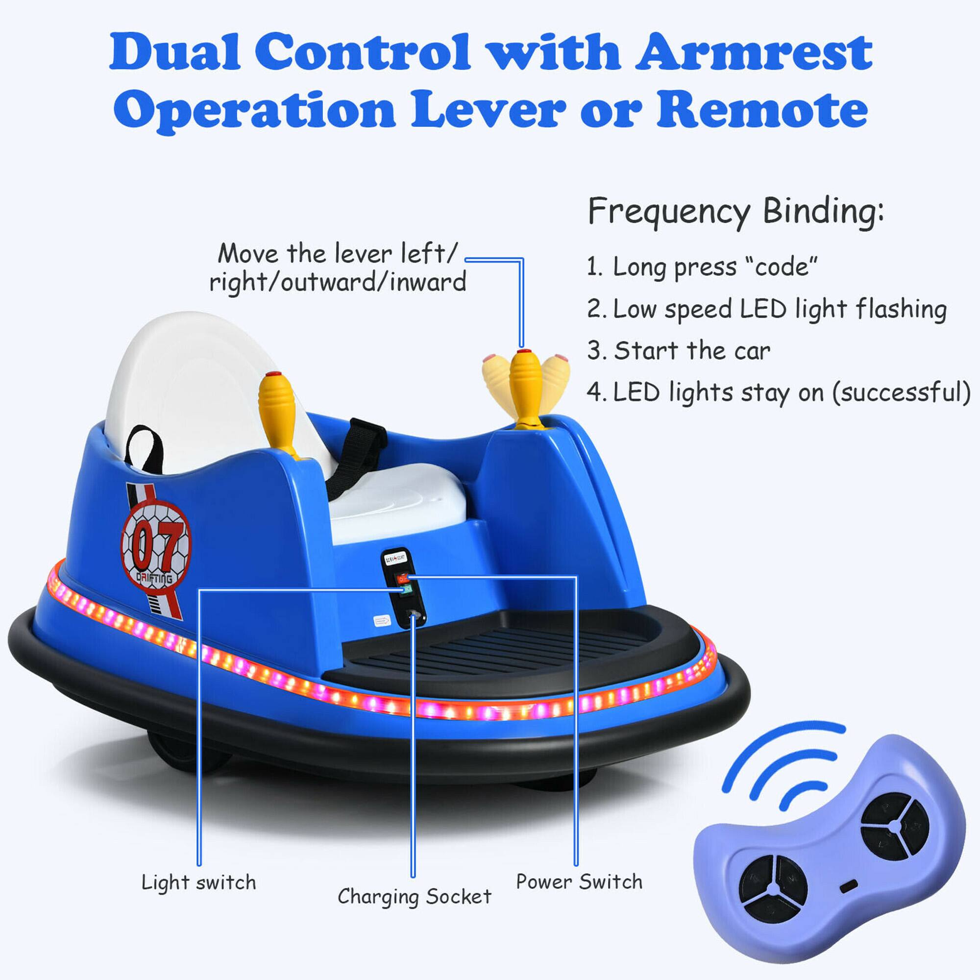 Dual Control with Armrest Operation Lever or Remote

Frequency Binding:
1. Long press "code"
2. Low speed LED light flashing
3. Start the car
4. LED lights stay on (successful)

Light switch
Power Switch
Charging Socket