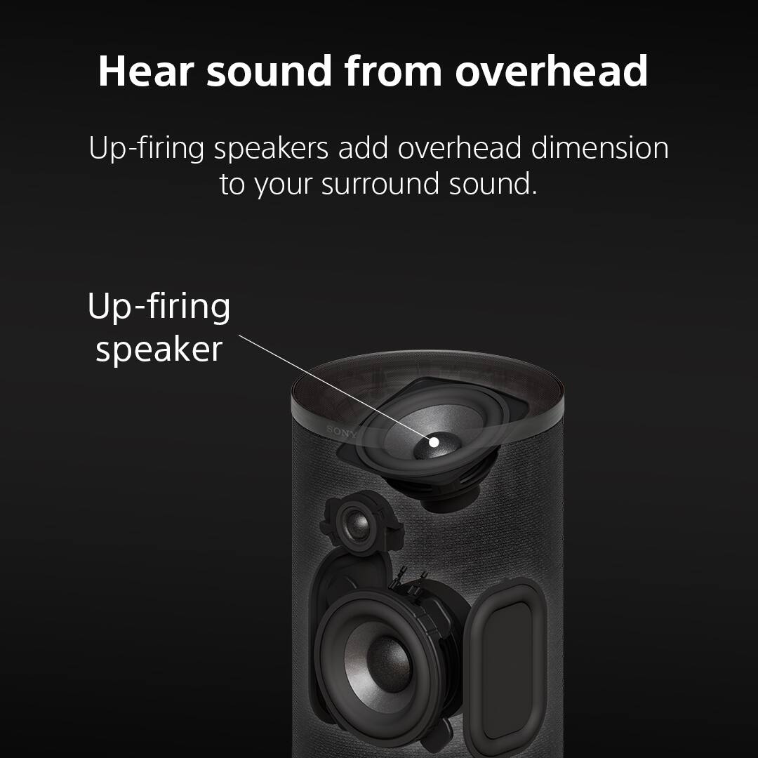 Hear sound from overhead

Up-firing speakers add overhead dimension to your surround sound.

Up-firing speaker