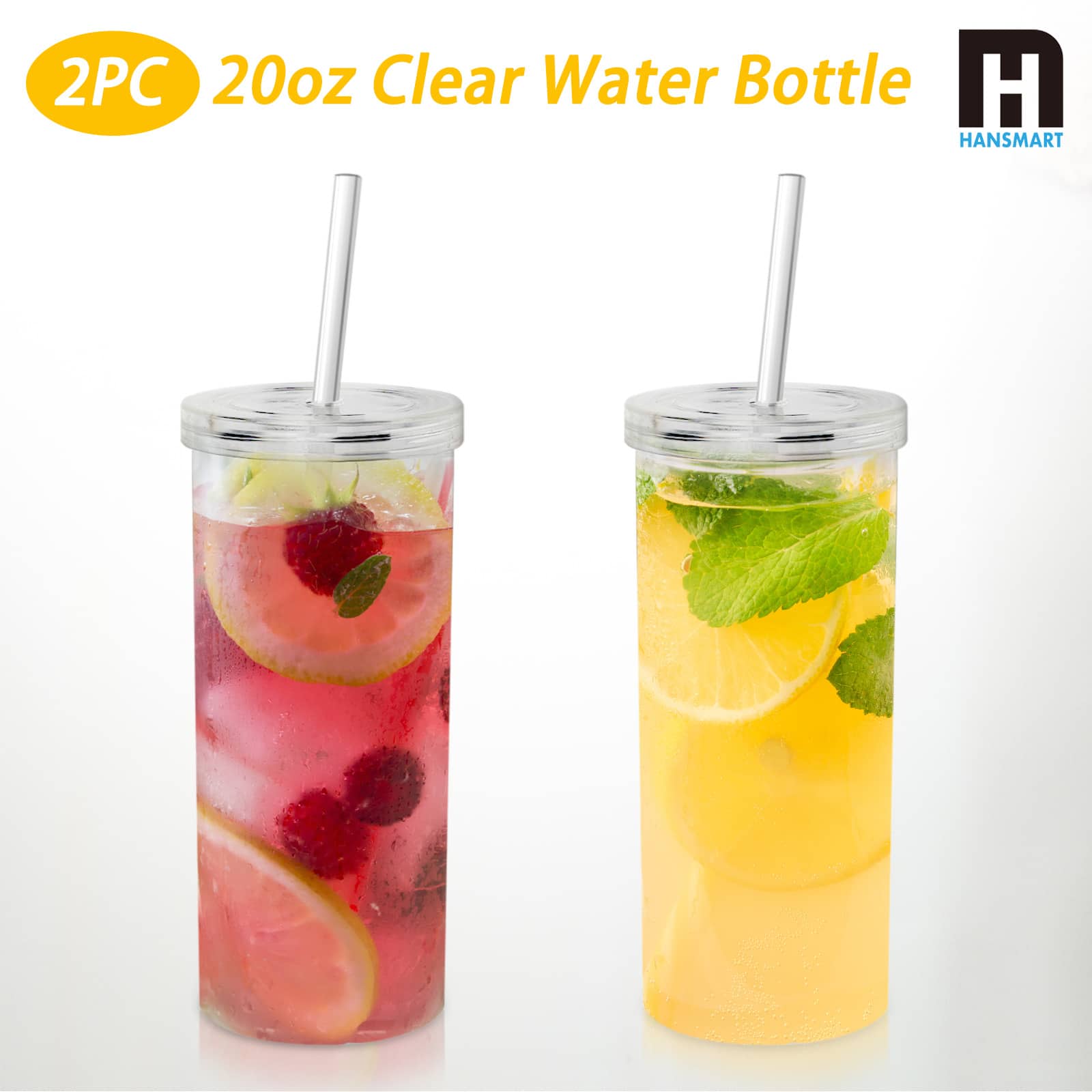 Hansmart - 2PCS large capacity Juice Cup with Lid and Straw Stylish plastic Water Bottle Ideal for Office Home and Outdoor - Clear