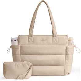 LOVEVOOK - Tote Bag for Women with Giant Tumbler Holder Pocket, Puffer Work Travel Laptop Handbag with Zipper, Khaki - Beige