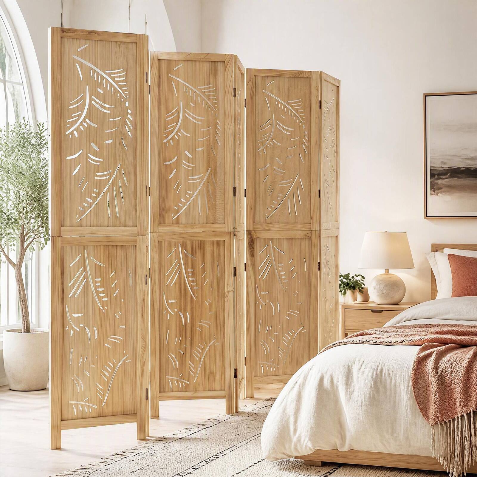 Alt View 3. Costway - Costway 6-Panel Wooden Room Divider Privacy Screen with Palm Leaf Design Panels for Home - Natural.
