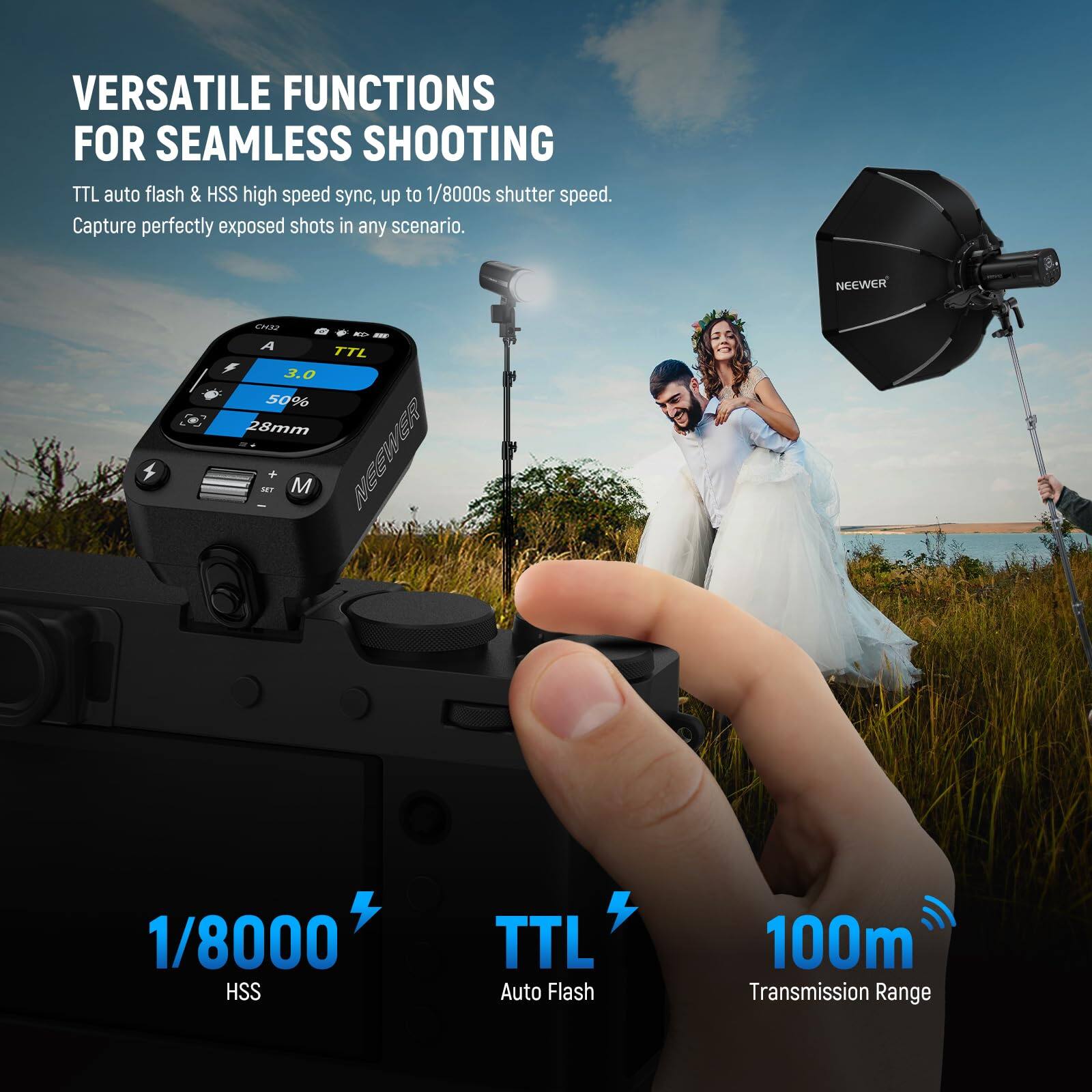 VERSATILE FUNCTIONS FOR SEAMLESS SHOOTING  
TTL auto flash & HSS high speed sync, up to 1/8000s shutter speed.  
Capture perfectly exposed shots in any scenario.  

NEEWER CVERZ A TTL 3.0  
50%  
28mm  
E  
MT  
NECW  
1/8000 HSS TTL Auto Flash  
100m Transmission Range