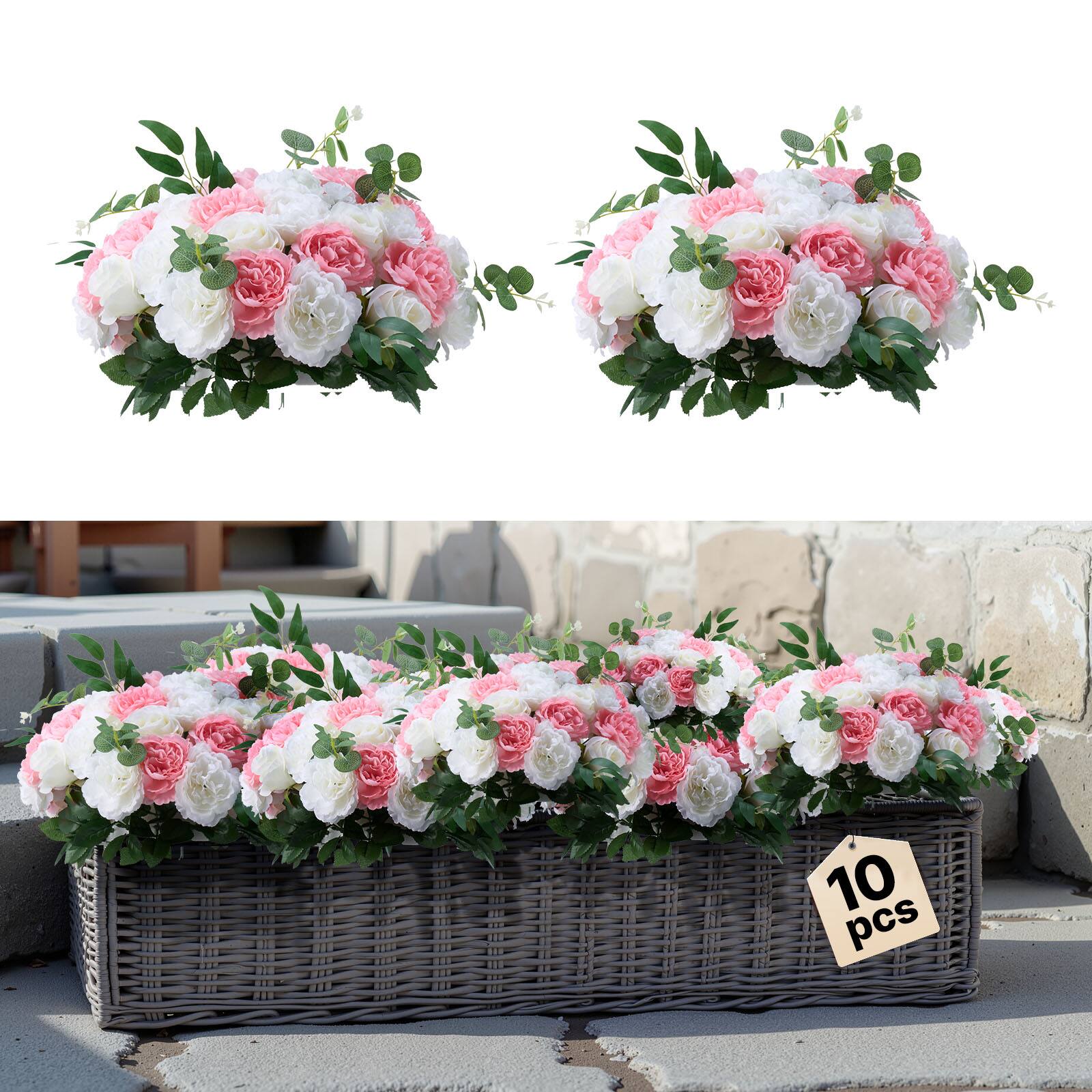 Front. VEVOR - Flower Ball Arrangement Bouquet 10 PCS, 17.7-Inch Diameter Artificial Flower Balls Wedding Table Centerpieces - Pink, white, green.
