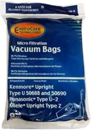A MUST FOR ALLERGY SUFFERERS!!
159-9 EnviroCare TECHNOLOGIES Micro Filtration Vacuum Bags
Traps Microscopic Particles and Allergens
Filtracion 99.7% Particulas et Allergenes Microscopiques de Pieges 99.7%
Filtracion Particulas Alrgenicos Microscpicos de los Desvios
Designed to Fit:
Kenmore Upright Type U 50688 and 50690
Panasonic Type U-2
Miele Upright Type Z