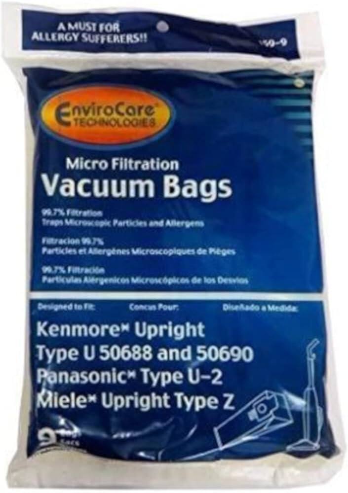 A MUST FOR ALLERGY SUFFERERS!!  
159-9 EnviroCare TECHNOLOGIES Micro Filtration Vacuum Bags  
Traps Microscopic Particles and Allergens  
Filtracion 99.7% Particulas et Allergenes Microscopiques de Pieges 99.7%  
Filtracion Particulas Alrgenicos Microscpicos de los Desvios  
Designed to Fit:  
Kenmore Upright Type U 50688 and 50690  
Panasonic Type U-2  
Miele Upright Type Z