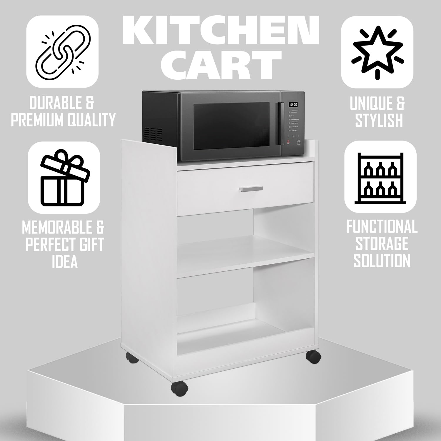 KITCHEN CART

- DURABLE & PREMIUM QUALITY
- UNIQUE & STYLISH
- MEMORABLE & PERFECT GIFT IDEA
- FUNCTIONAL STORAGE SOLUTION