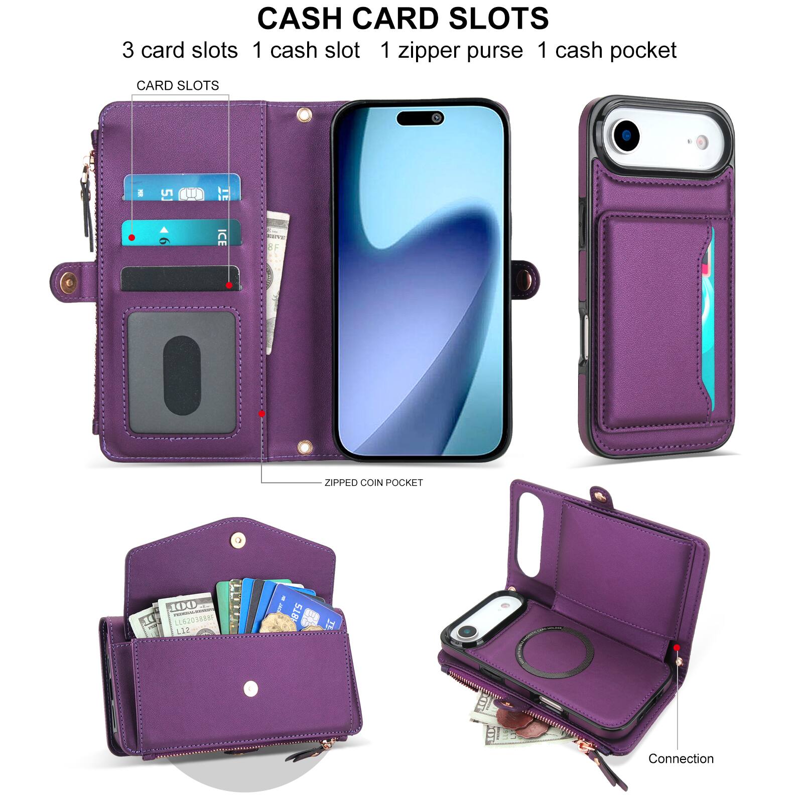 CASH CARD SLOTS  
3 card slots  
1 cash slot  
1 zipper purse  
1 cash pocket  

CARD SLOTS  

ZIPPED COIN POCKET  

Connection