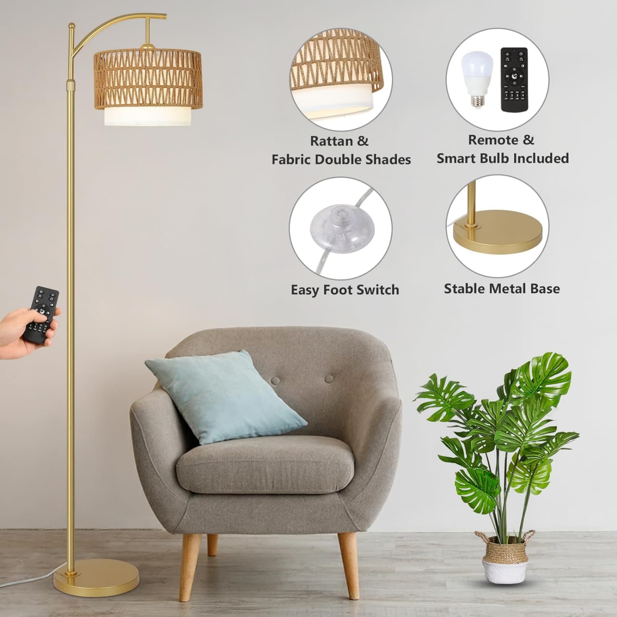 Rattan & Fabric Double Shades  
Remote & Smart Bulb Included  
Easy Foot Switch  
Stable Metal Base