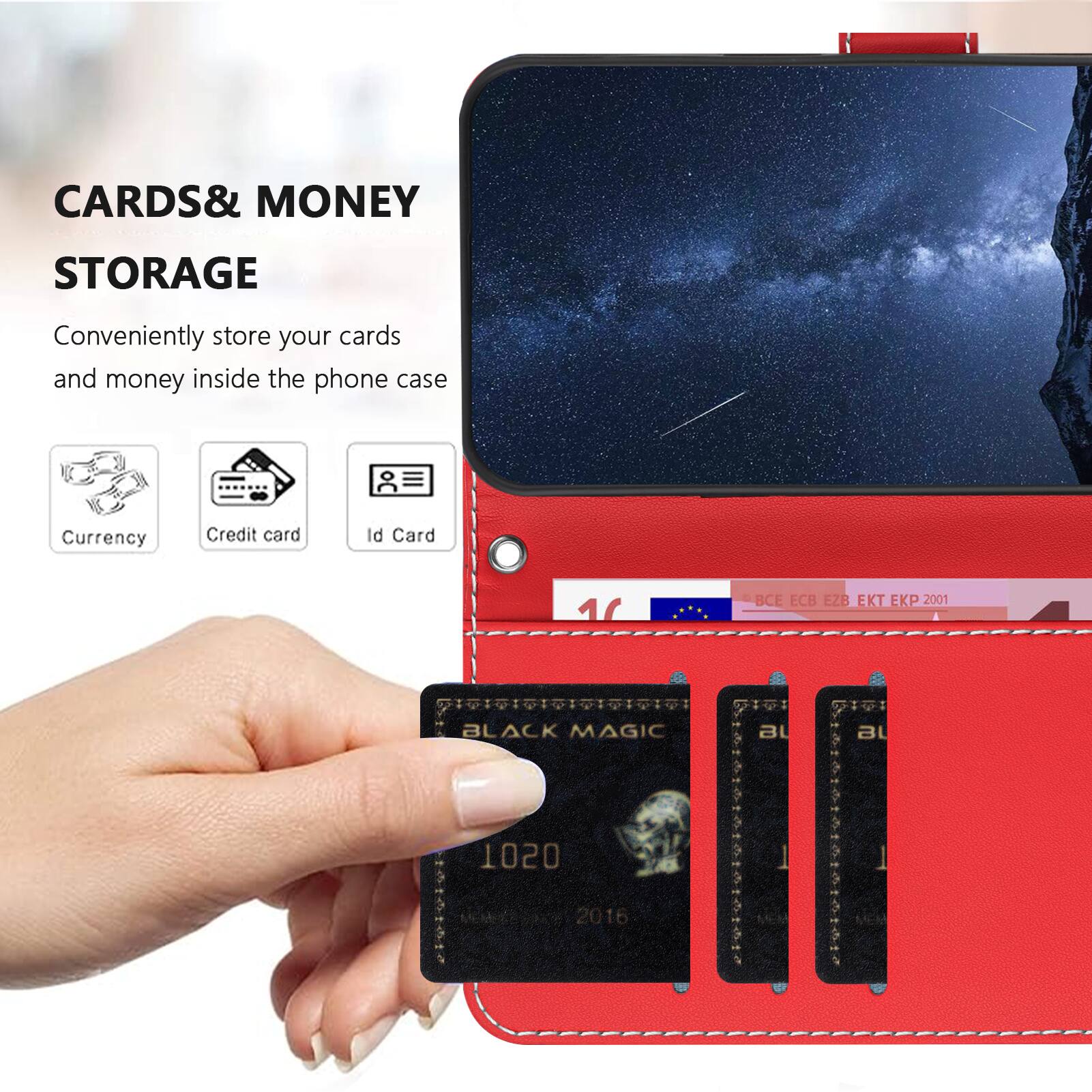 CARDS & MONEY STORAGE  
Conveniently store your cards and money inside the phone case  
Currency Credit card Id Card  

ECB EZB EKT EKP 2001  
BLACK MAGIC  
1020  
MEMES 2016
