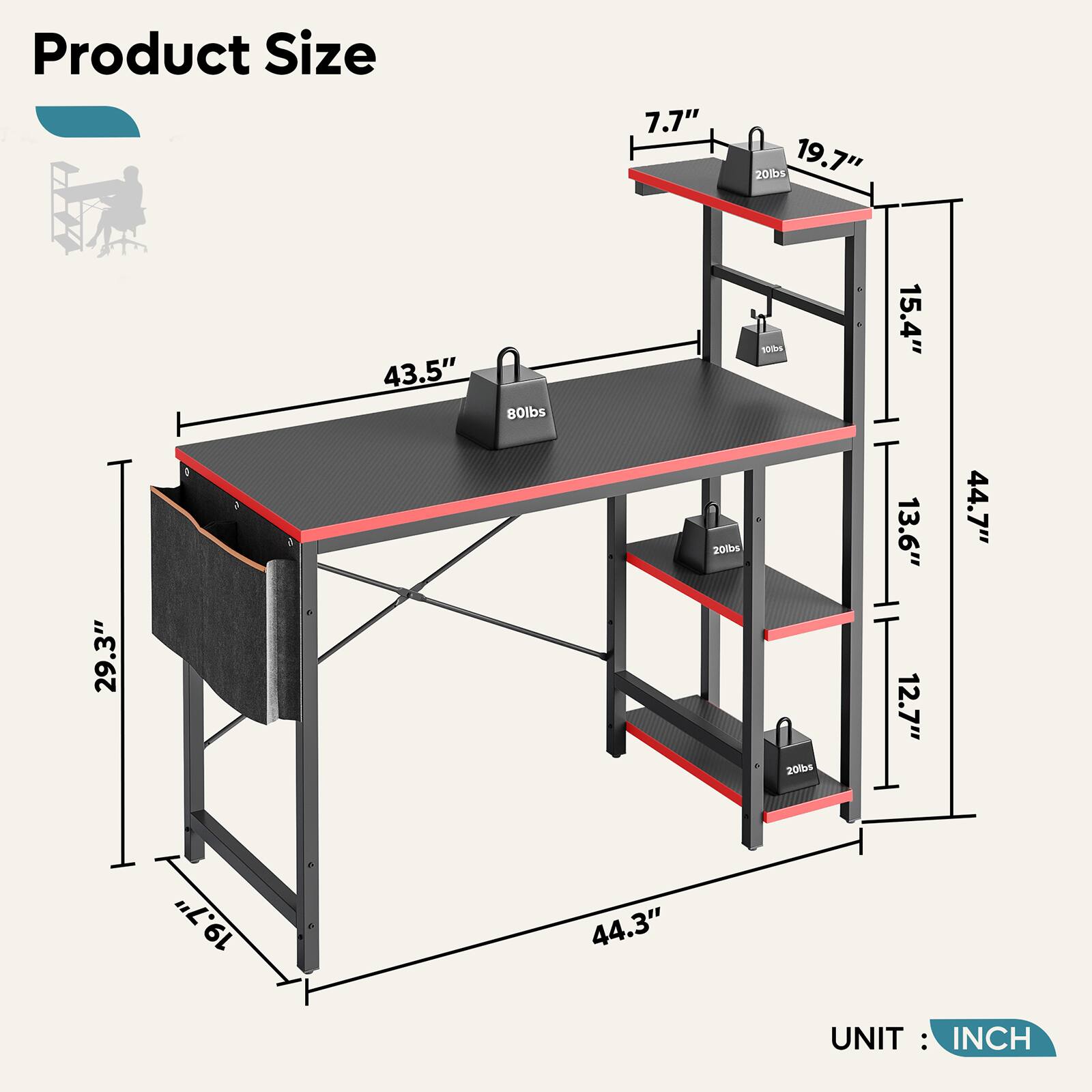 Product Size

- 7.7" 
- 19.7" 
- 43.5" 
- 80lbs 
- 15.4" 
- 29.3" 
- 44.7" 
- 13.6" 
- 12.7" 
- 44.3" 
- 44.3" 

UNIT: INCH