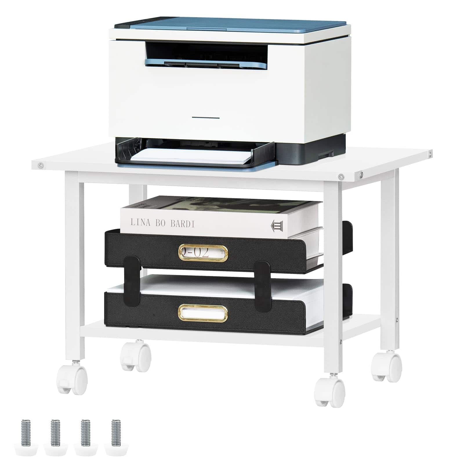 Dazzling Pops - Lerliuo Under Desk Printer Stand, 2-Tier Industrial Mobile Printer Table with Storage Shelf and Steel Frame - White 2-Tier