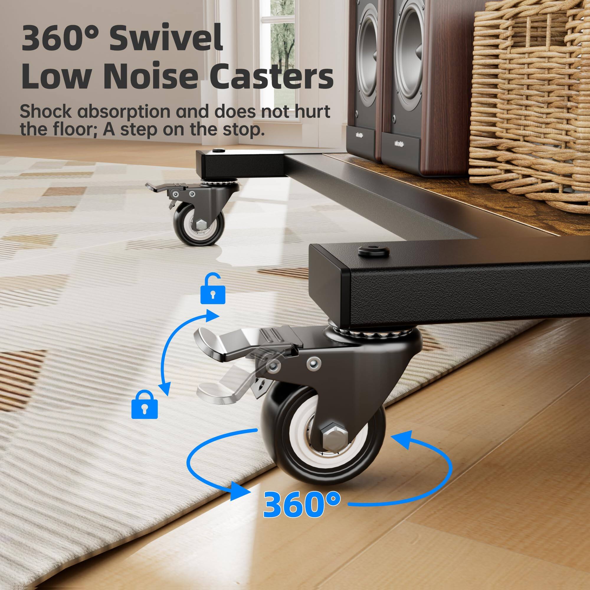 360° Swivel Low Noise Casters  
Shock absorption and does not hurt the floor; A step on the stop.  
360°
