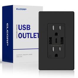 ELEGRP - 3 Ports Dual Type A & Type C USB Charger Wall Outlet, 15 Amp Tamper-Resistant Outlet w/Wall Plate, (1 Pack) - Black