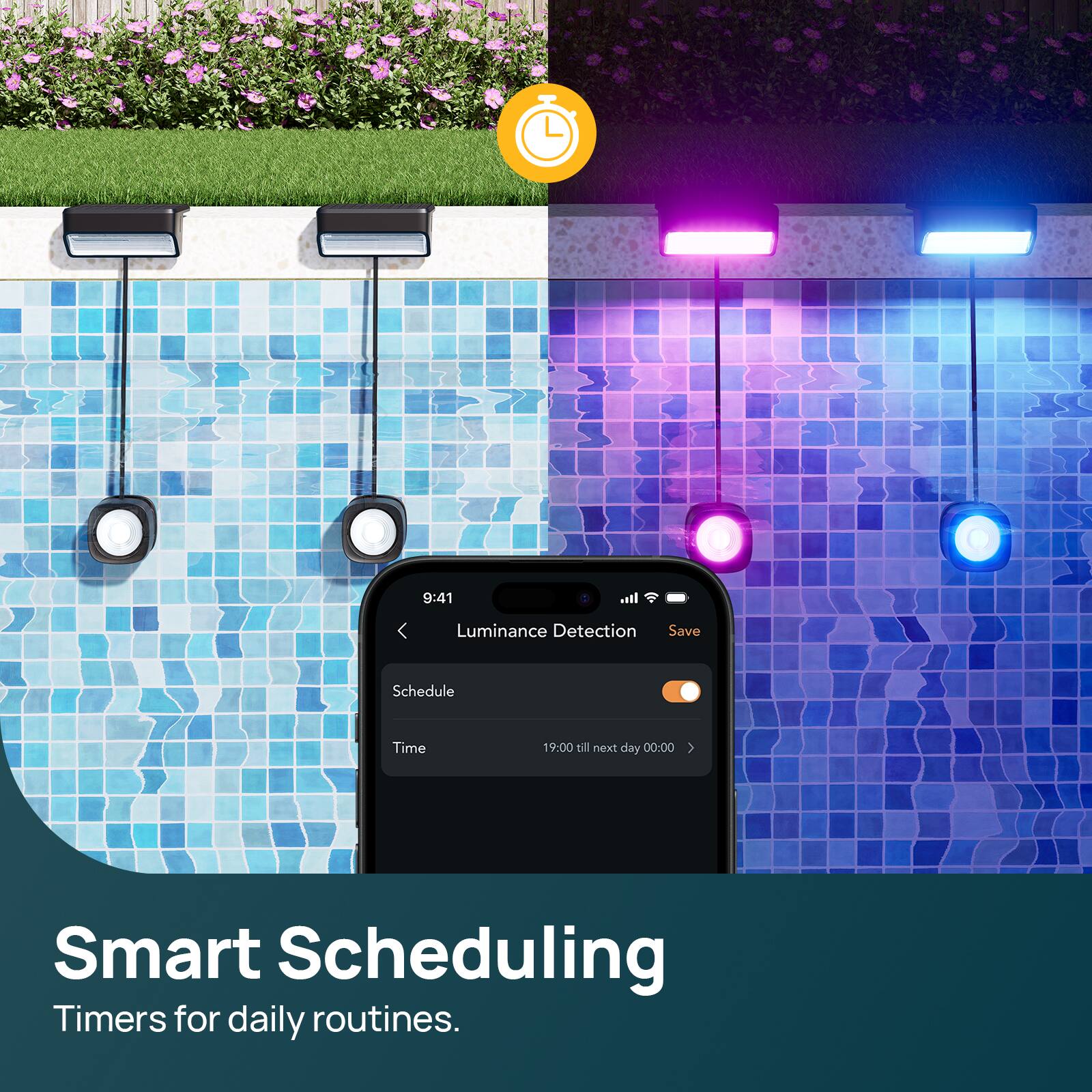 Luminance Detection  
Save Schedule  
Time: 19:00 till next day 00:00  

Smart Scheduling  
Timers for daily routines.