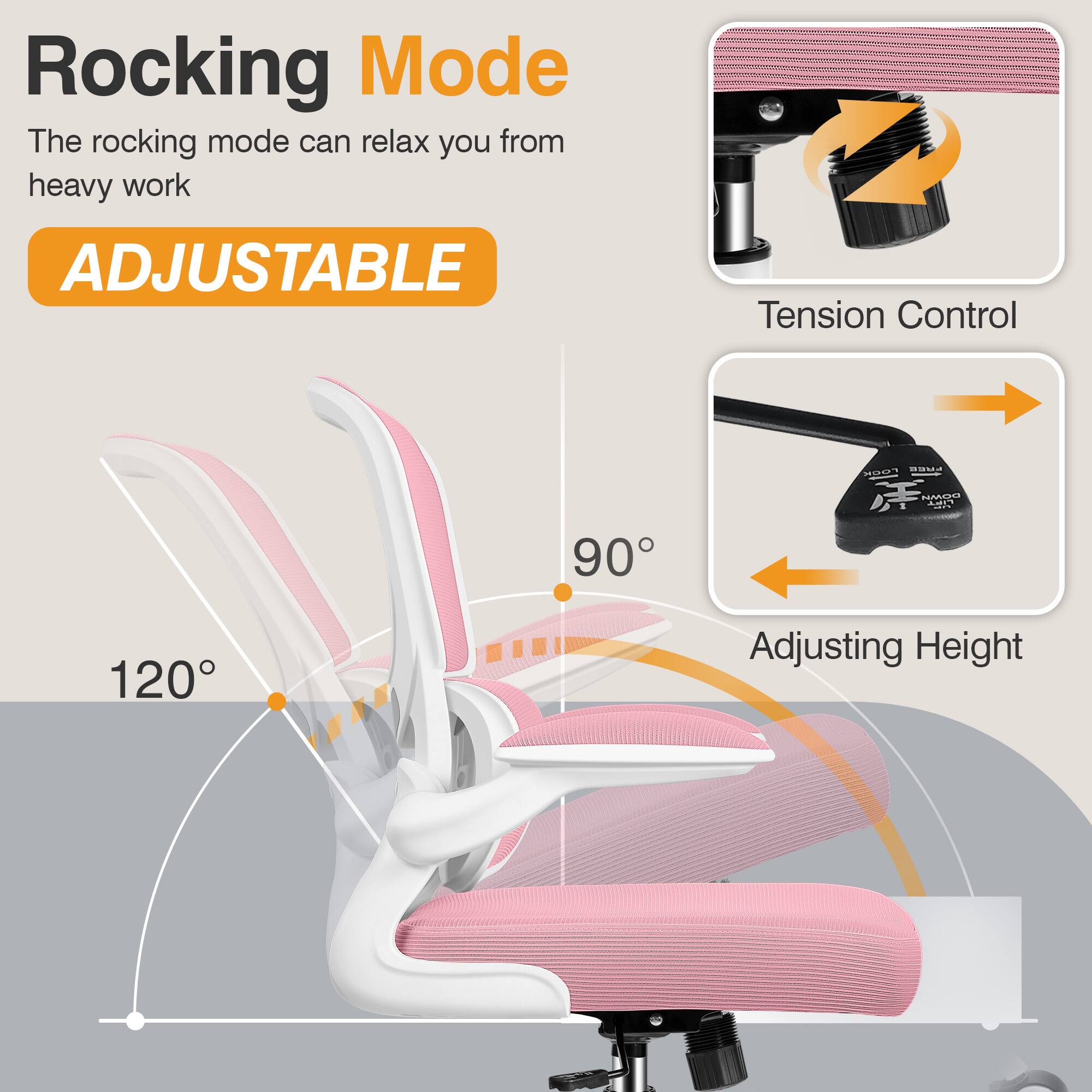 Rocking Mode  
The rocking mode can relax you from heavy work  

ADJUSTABLE  

Tension Control  

Adjusting Height  

90°  

120°