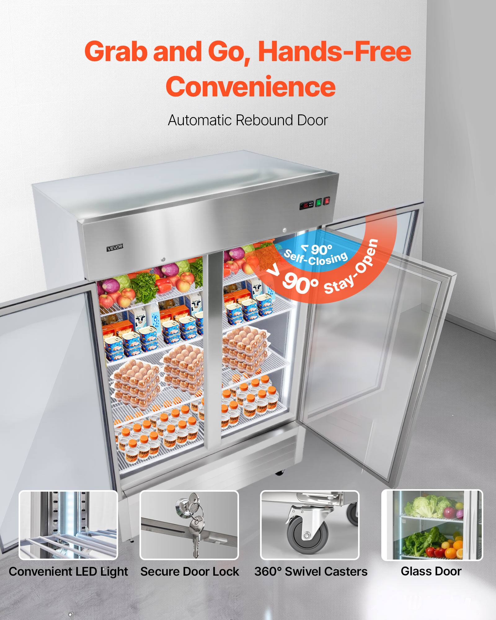 Grab and Go, Hands-Free Convenience  
Automatic Rebound Door  

- Self-Closing > 90° Stay-Open  
- Convenient LED Light  
- Secure Door Lock  
- 360° Swivel Casters  
- Glass Door