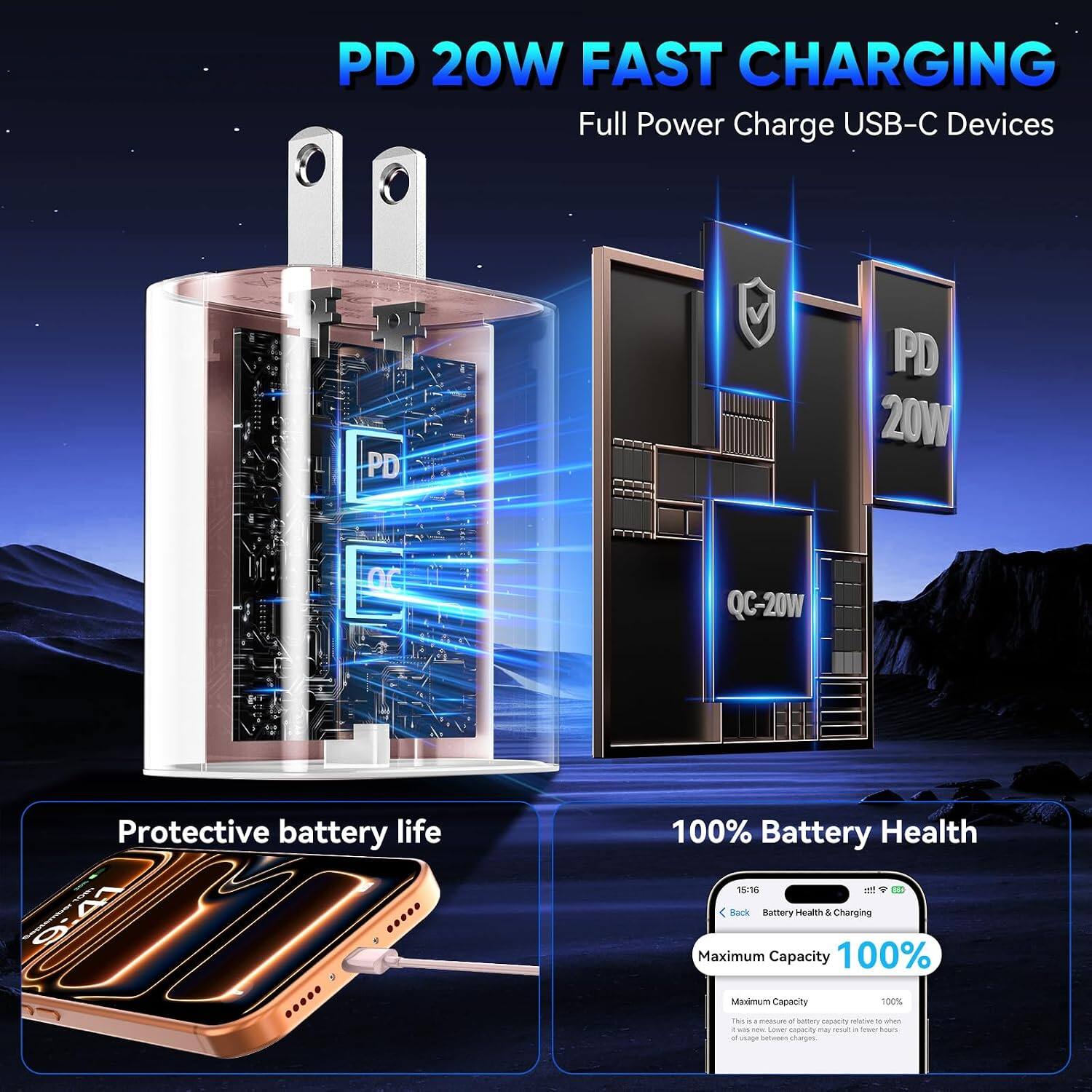 PD 20W FAST CHARGING  
Full Power Charge USB-C Devices

PD  
V  
PD 20W  
QC-20W

Protective battery life  
100% Battery Health

Maximum Capacity 100%  
Maximum Capacity 100%