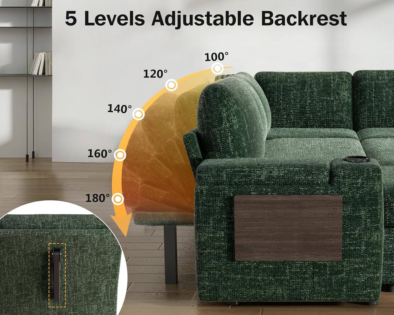 5 Levels Adjustable Backrest

100°  
120°  
140°  
160°  
180°