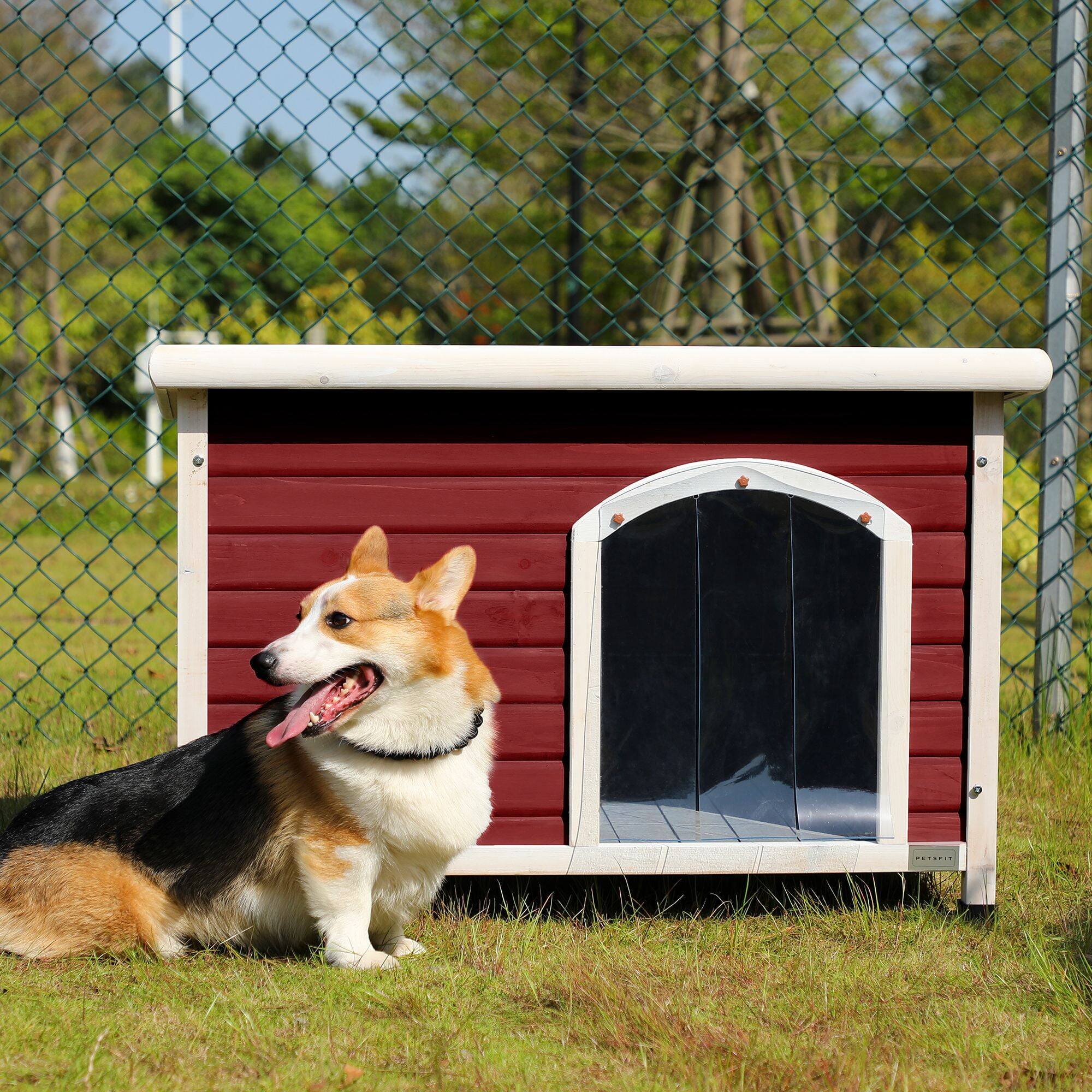 Left. Pefilos - 41.5" Width Wooden Dog Houses for Small Medium Large Dogs Outdoor Weatherproof Dog Kennel with Raised Feet.