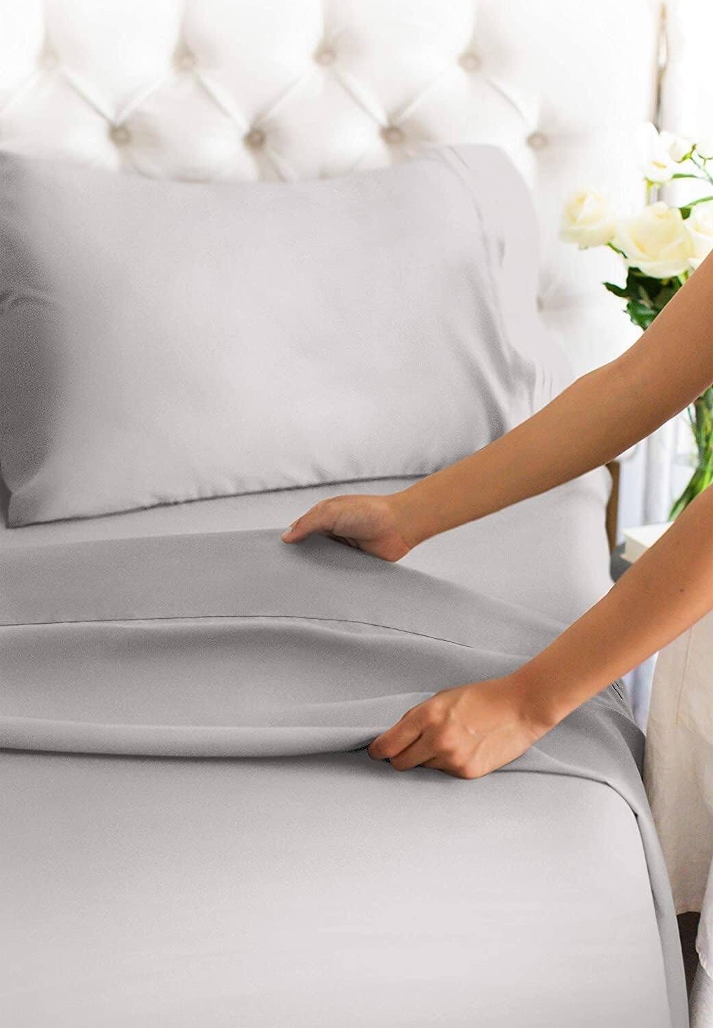 Back. CGK Linens - Luxury 1000 Thread Count 4 Piece Sheet Set - Soft & Premium 100% Cotton Sateen - Queen - Light Grey.