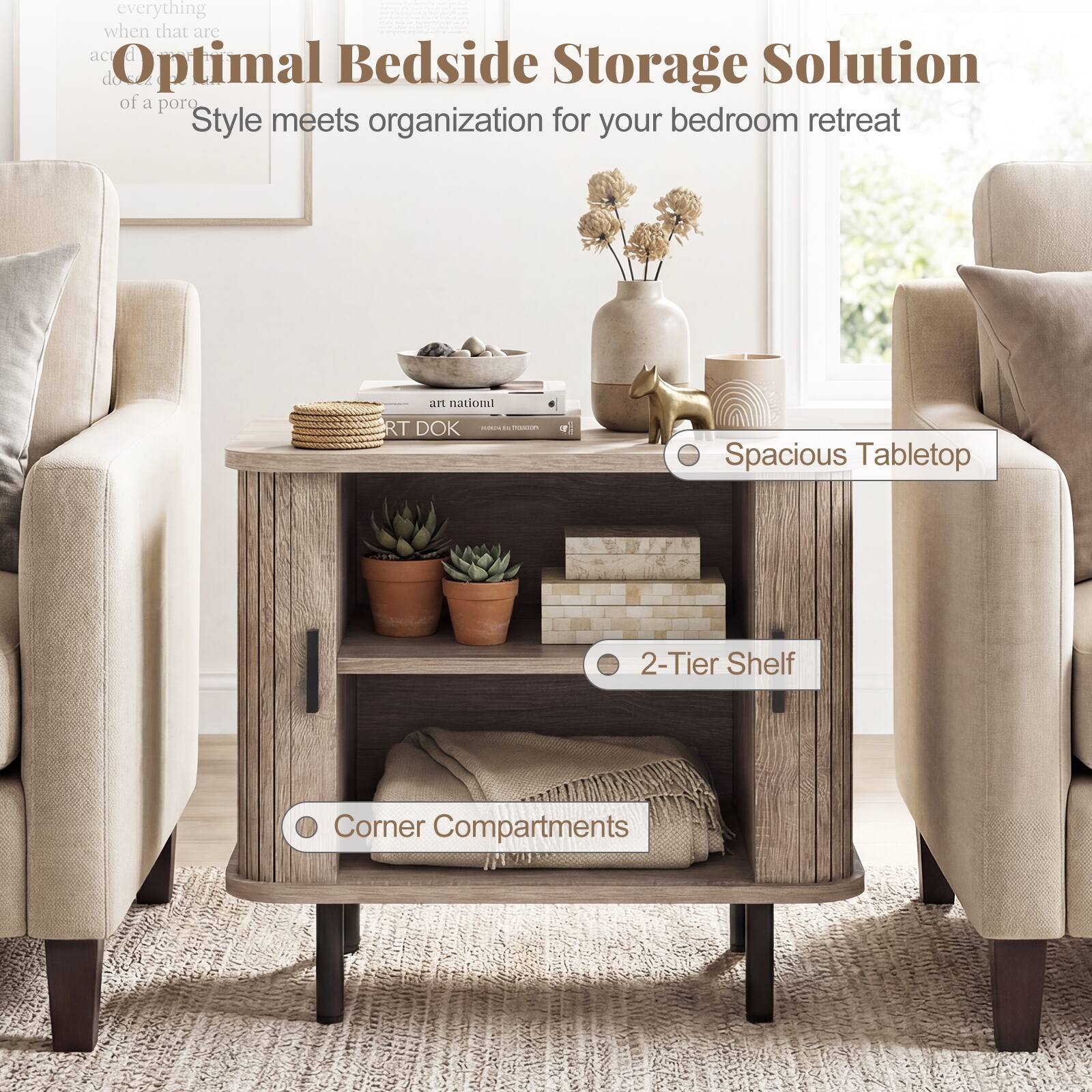 Optimal Bedside Storage Solution  
Style meets organization for your bedroom retreat  

- Spacious Tabletop  
- 2-Tier Shelf  
- Corner Compartments