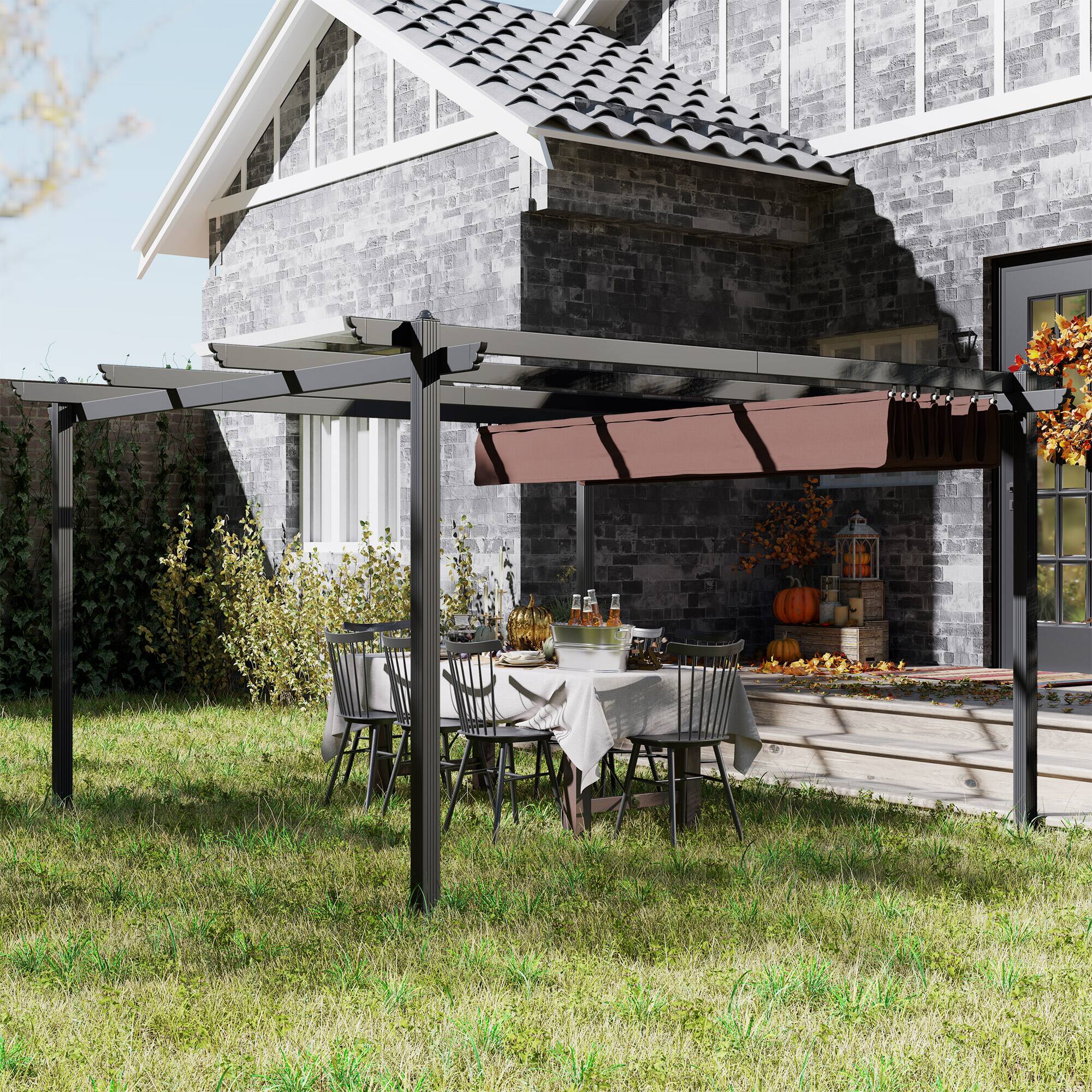 Angle. Outsunny - 13' x 13' Retractable Pergola Canopy, Outdoor Pergola Sun Shade Shelter with Stronger Aluminum Frame - Brown.