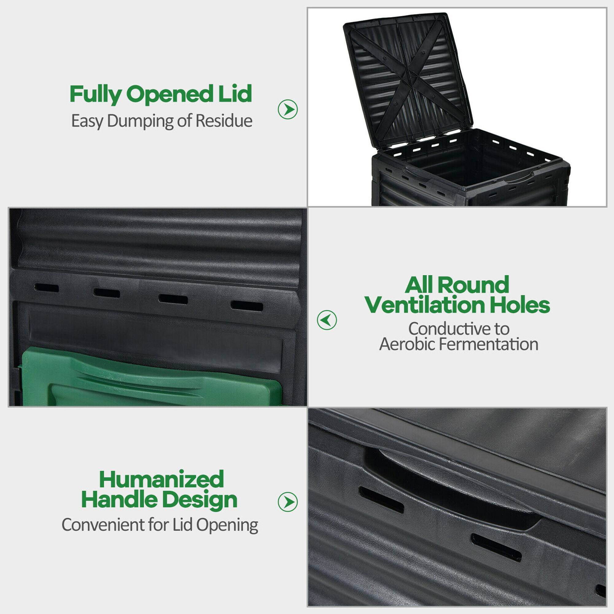 Fully Opened Lid  
Easy Dumping of Residue  

All Round Ventilation Holes  
Conductive to Aerobic Fermentation  

Humanized Handle Design  
Convenient for Lid Opening