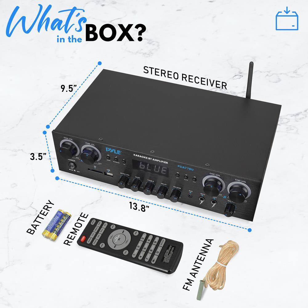 What's in the BOX?

STEREO RECEIVER

9.5" x 3.5" x 13.8"

BATTERY

REMOTE

FM ANTENNA