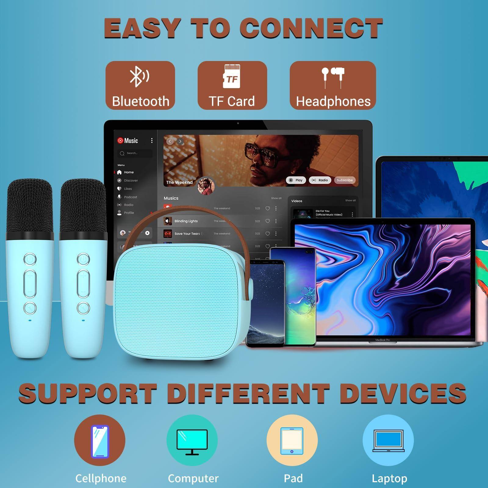 EASY TO CONNECT  
Bluetooth  
TF Card  
Headphones  

SUPPORT DIFFERENT DEVICES  
Cellphone  
Computer  
Pad  
Laptop
