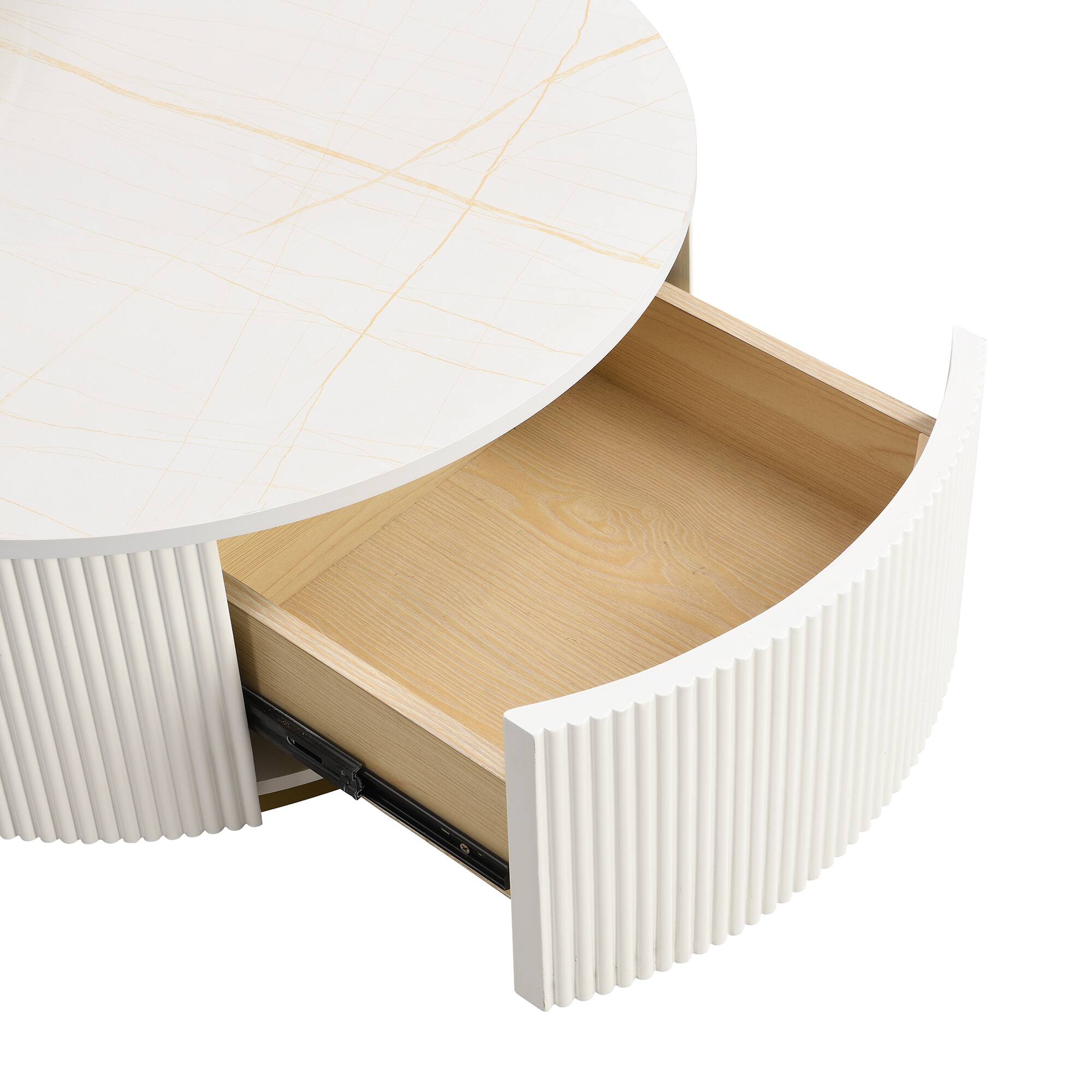 Alt View 7. Tiramisubest - Modern Round Nesting Coffee Table Fluted with Drawer in White & Gold in 27.6" - White.