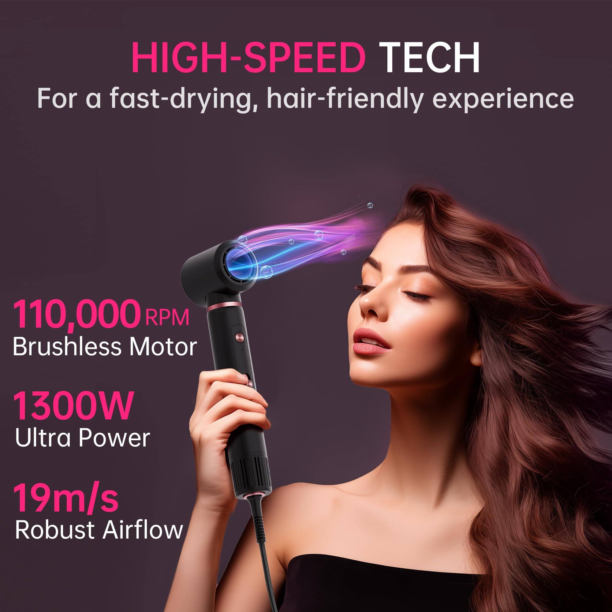 HIGH-SPEED TECH  
For a fast-drying, hair-friendly experience  

110,000 RPM  
Brushless Motor  

1300W  
Ultra Power  

19m/s  
Robust Airflow