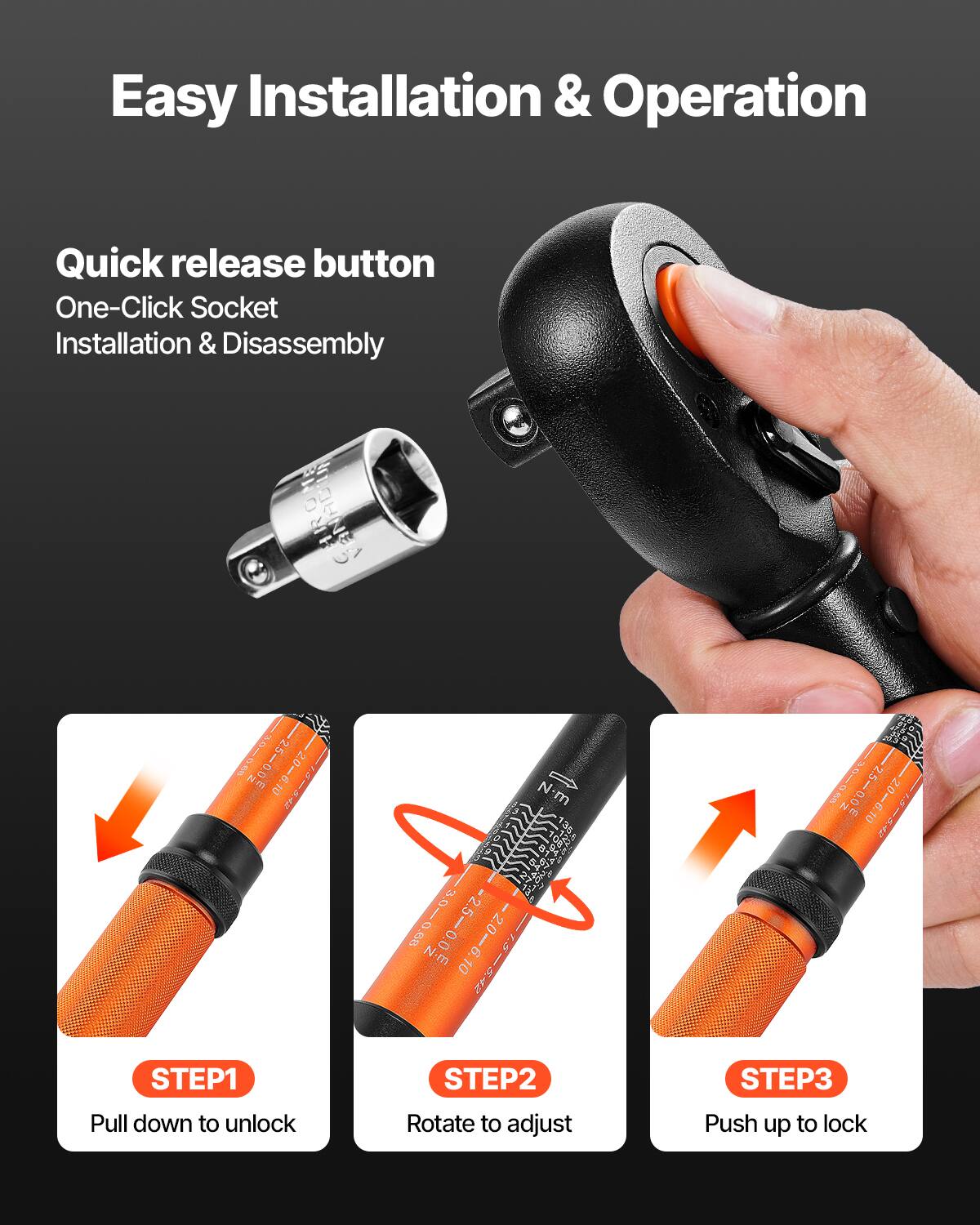Easy Installation & Operation

Quick release button  
One-Click Socket  
Installation & Disassembly

STEP1  
Pull down to unlock

STEP2  
Rotate to adjust

STEP3  
Push up to lock