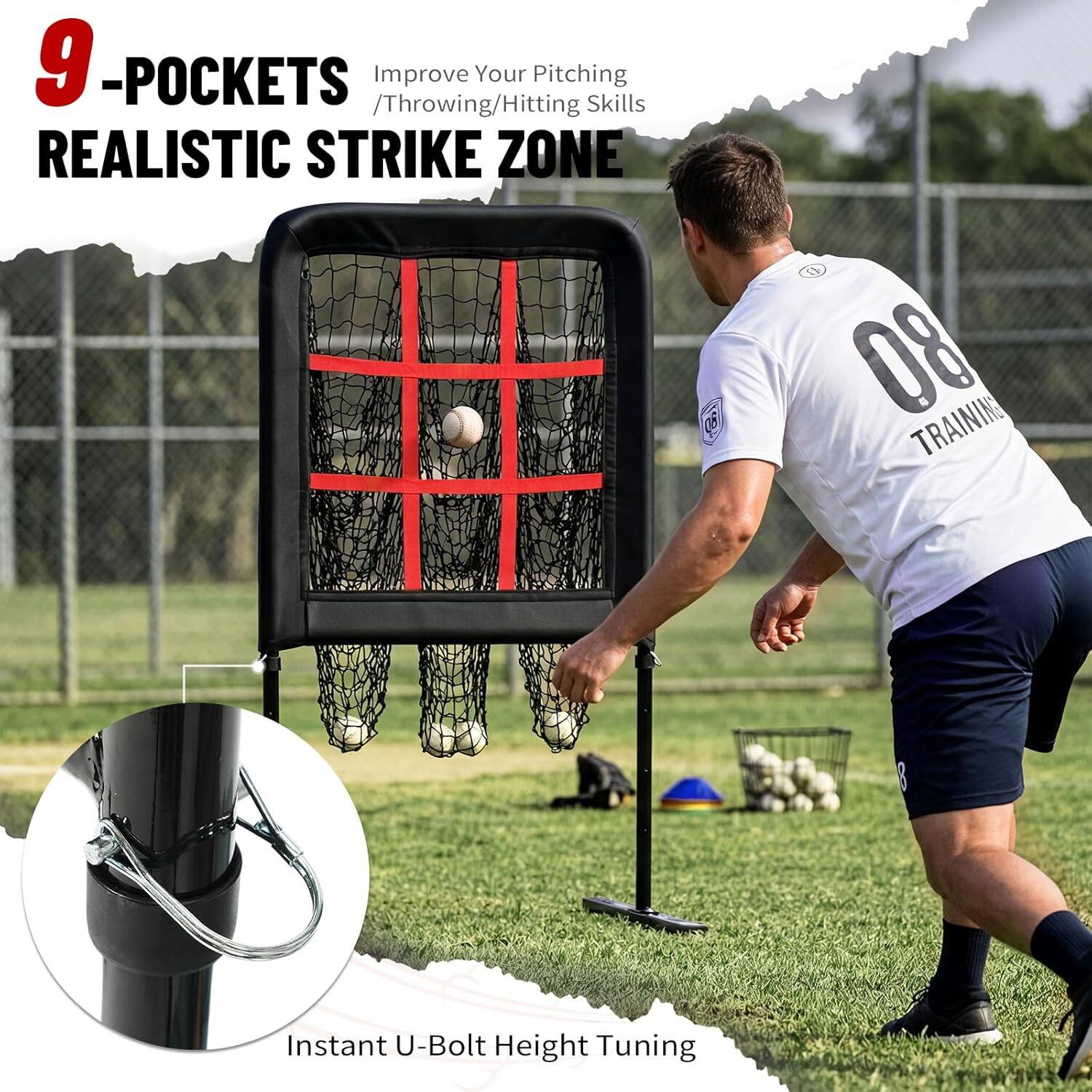 9 -POCKETS  
Improve Your Pitching/Throwing/Hitting Skills  
REALISTIC STRIKE ZONE  

S 08 TRAINING  

Instant U-Bolt Height Tuning