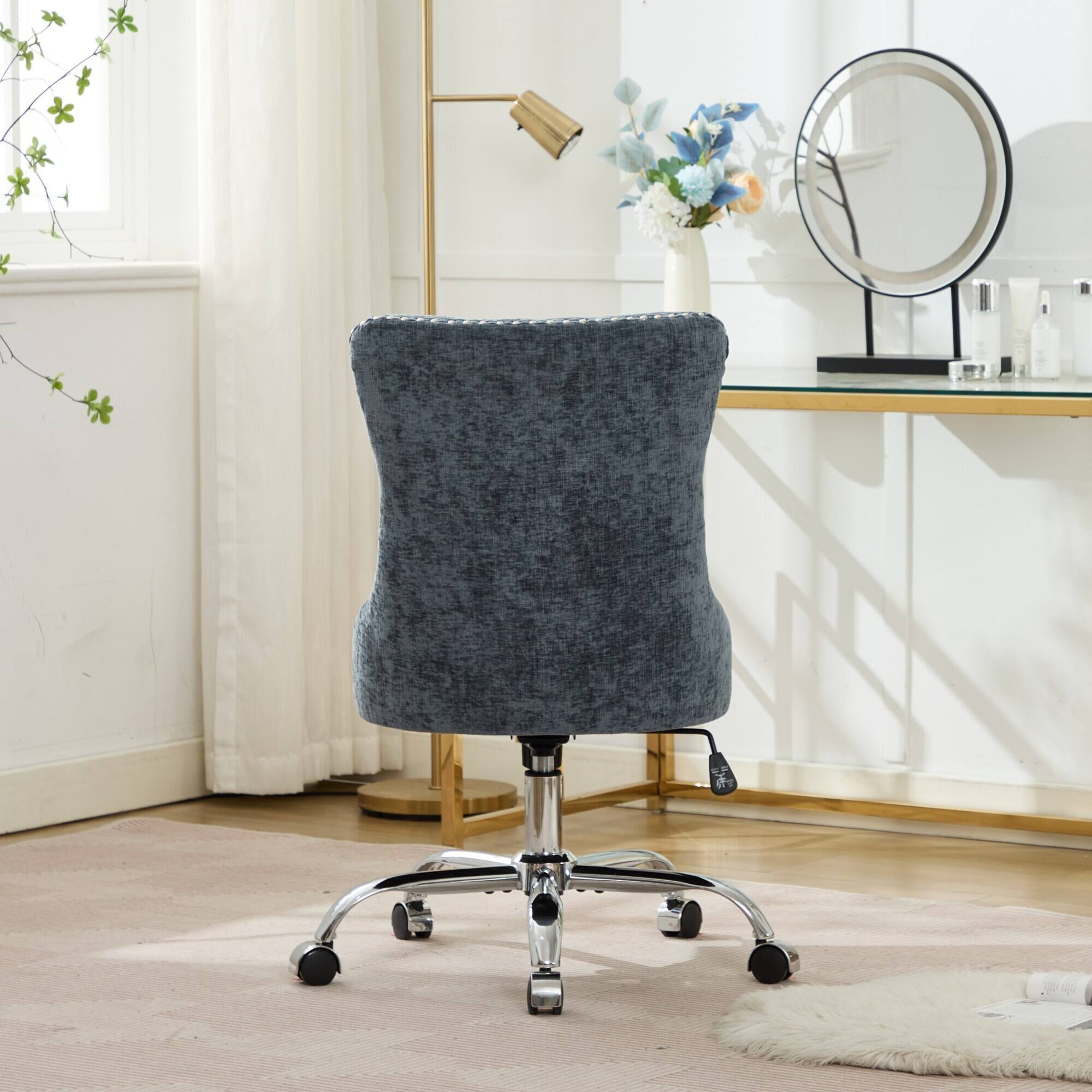 Alt View 2. Trinkets Crazed - Home Office Chair with Wheels & Silver Base,Chenille Fabric Makeup Vanity Chair with Tufted Back, Swivel Desk Chair - Light Blue.