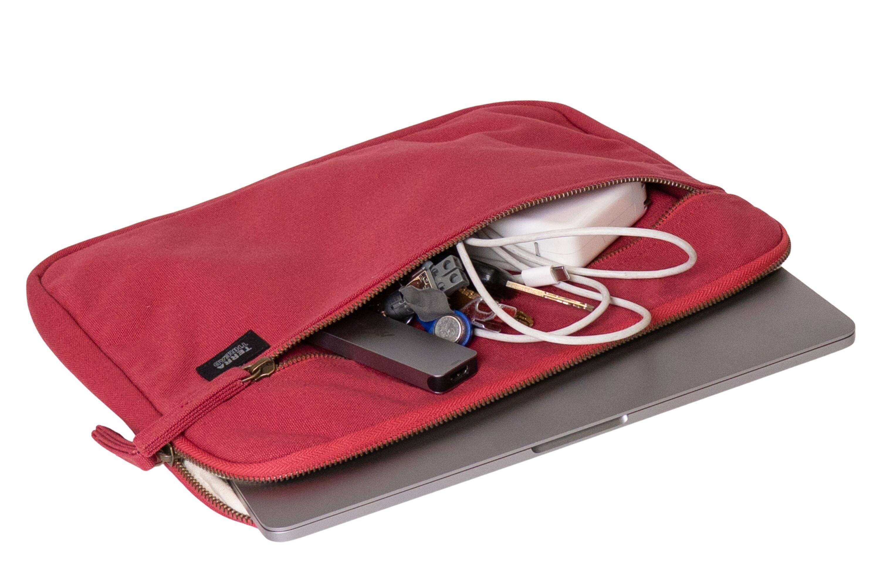 Left. Terra Thread - Organic Cotton Laptop Sleeve 13 inches - Ruby Red.