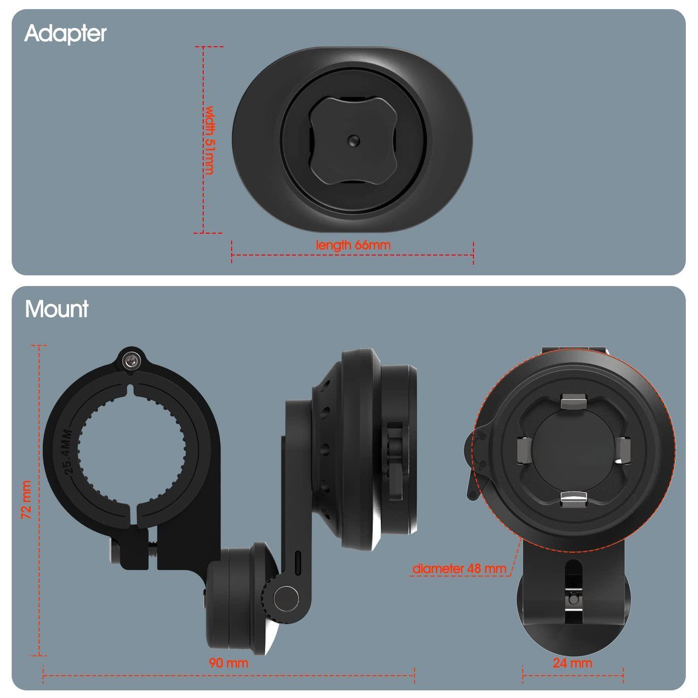 Adapter  
- Width: 51 mm  
- Length: 66 mm  

Mount  
- Diameter: 48 mm  
- Length: 90 mm  
- Mount: 72 mm  
- 25.4 mm  
- 24 mm