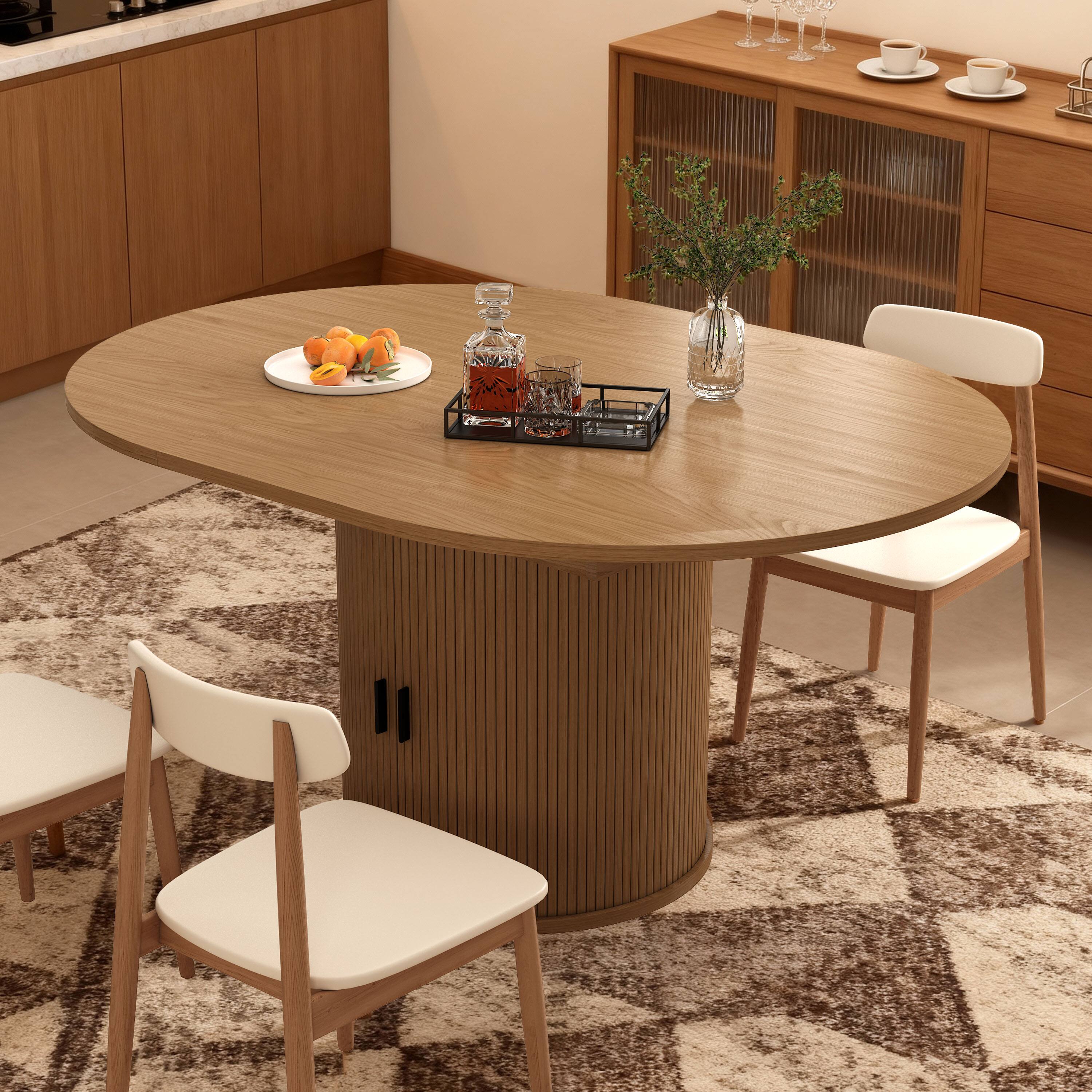 Left. Dyonery - 63'' Extendable Round Kitchen Dining Room Table with 2-Tier Storage Shelf, with Pedestal Base,Wood Oval Dinner Furniture - Walnut.
