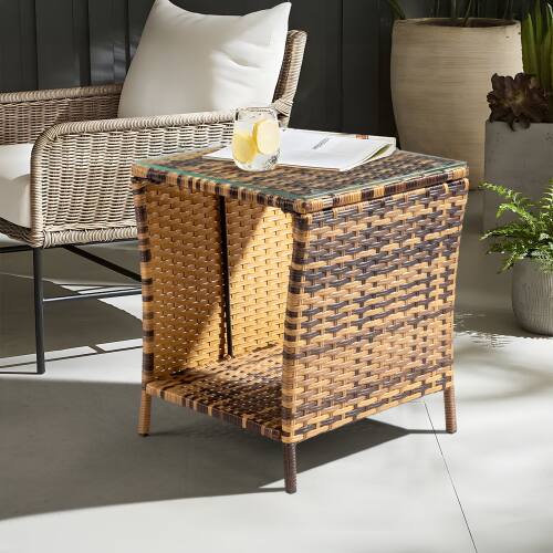 Alt View 7. Winado - 18in Gradient Wicker Rattan Side Table with Glass Patio for Indoor Outdoor Garden Furniture - Yellow & Borwn.