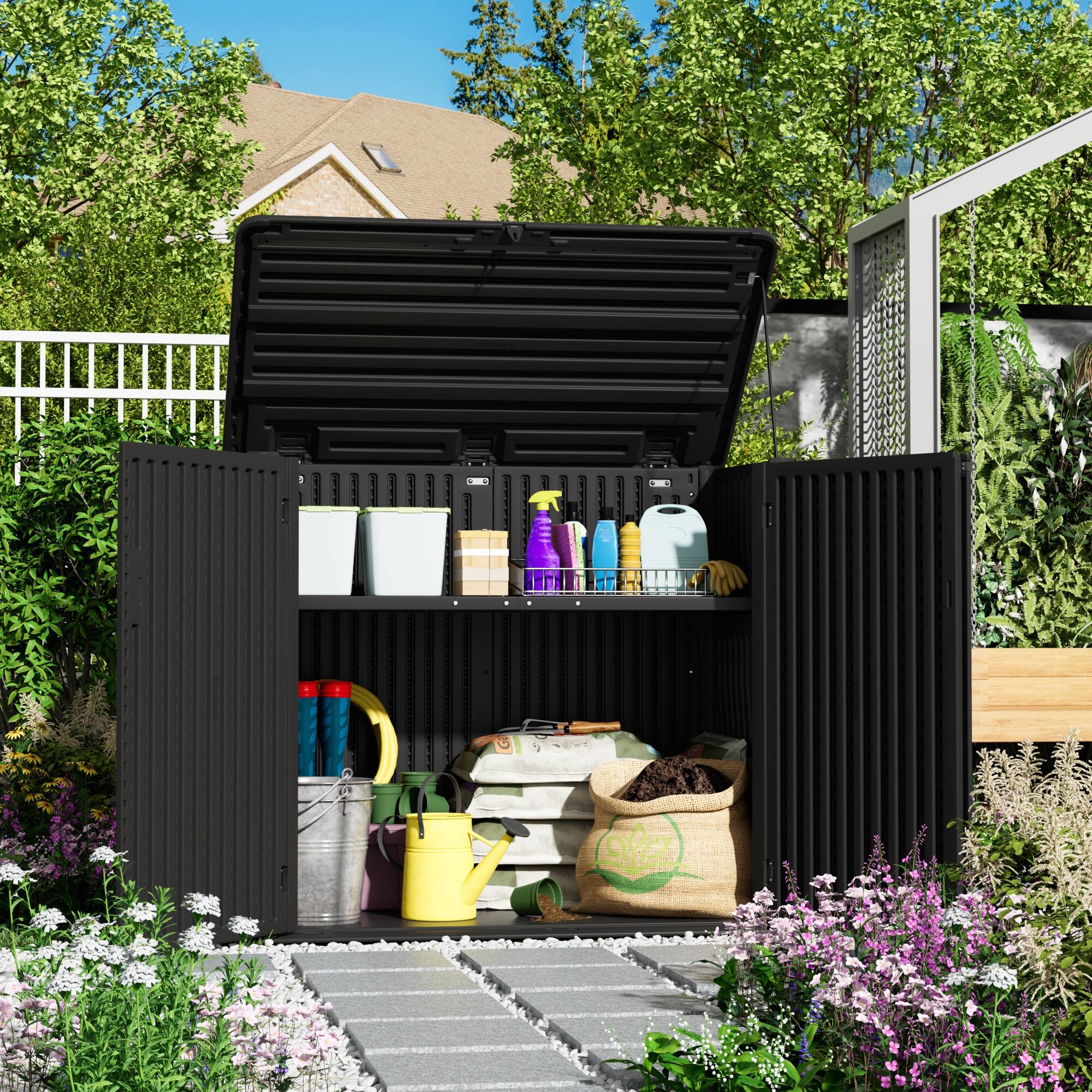 Left. Yardgrace - 358 Gal. Larger Outdoor Storage Shed Horizontal 48 Cu.ft Outdoor Storage Box Waterproof for Garden, Patios, Backyards - Black No shelves.