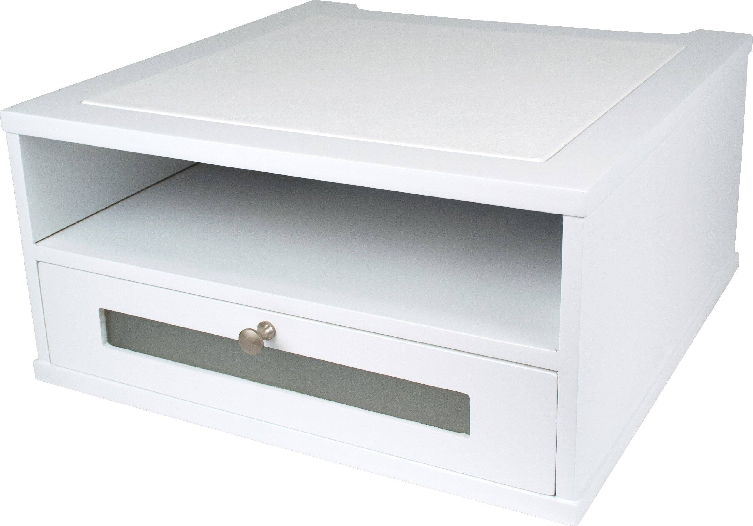 Alt View 4. Victor - Wood Monitor Riser W1175, Drawer, Open Shelf, Cable Management, Faux Leather Top, 13 x 13 x 6.5 in - Pure White.