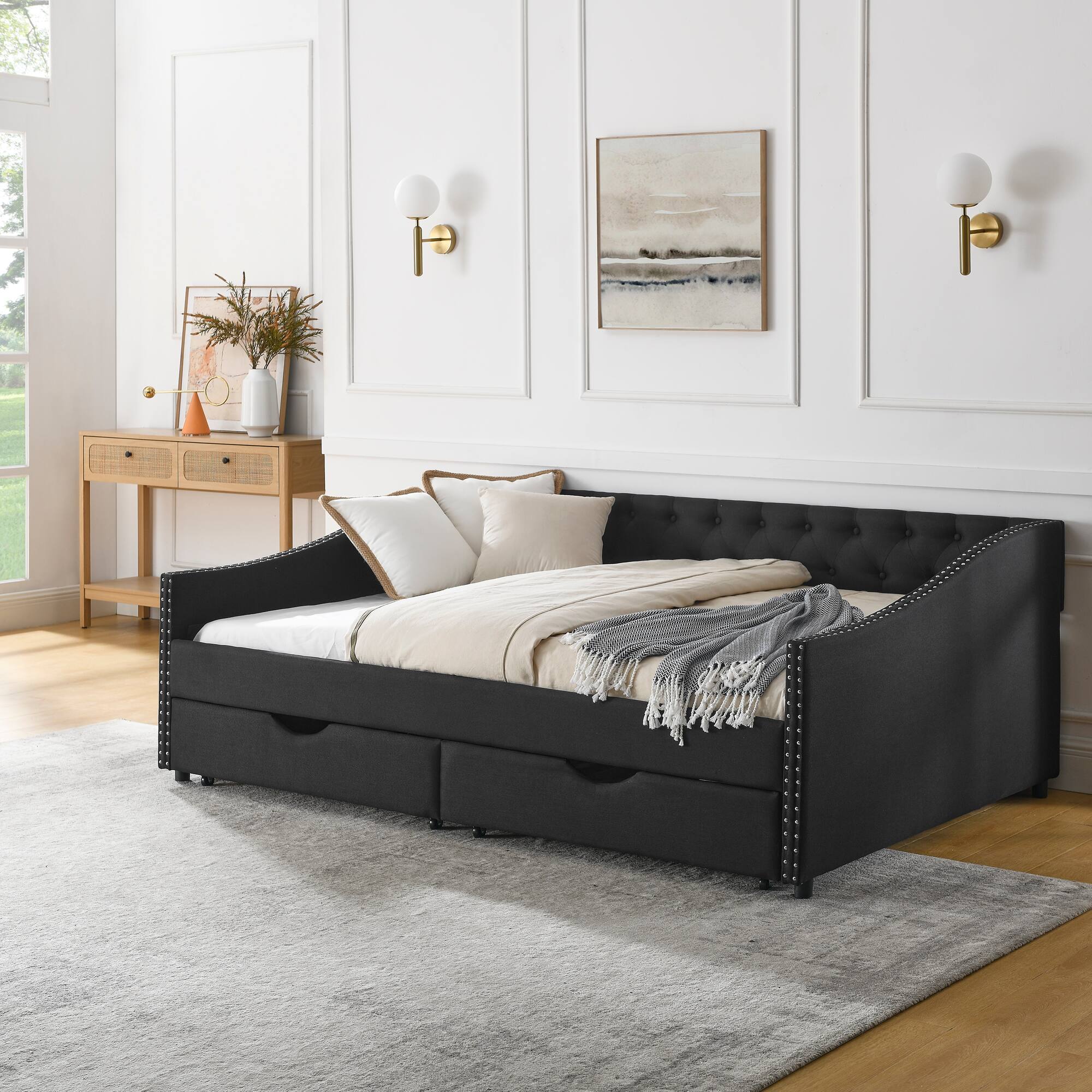Left. Tiramisubest - Full Size Daybed with Drawers Upholstered Tufted Sofa Bed, (80.5''x55.5''x27.5'') - Black.